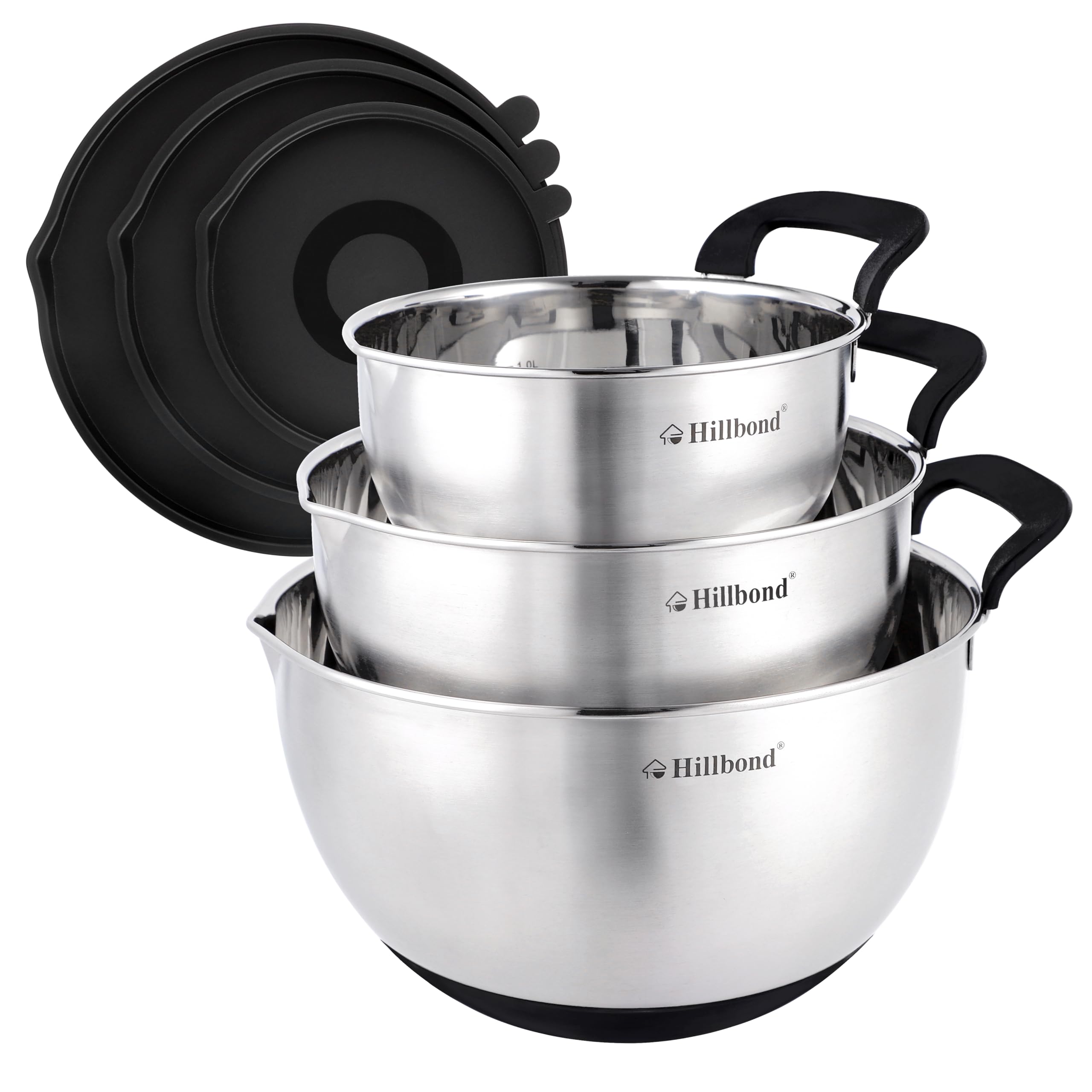 Hillbond Stainless Steel Bowls With Lids Set Mixing Bowls With Pour Spout, Silicone Handle And Non-Slip Bottoms For Baking, Cook