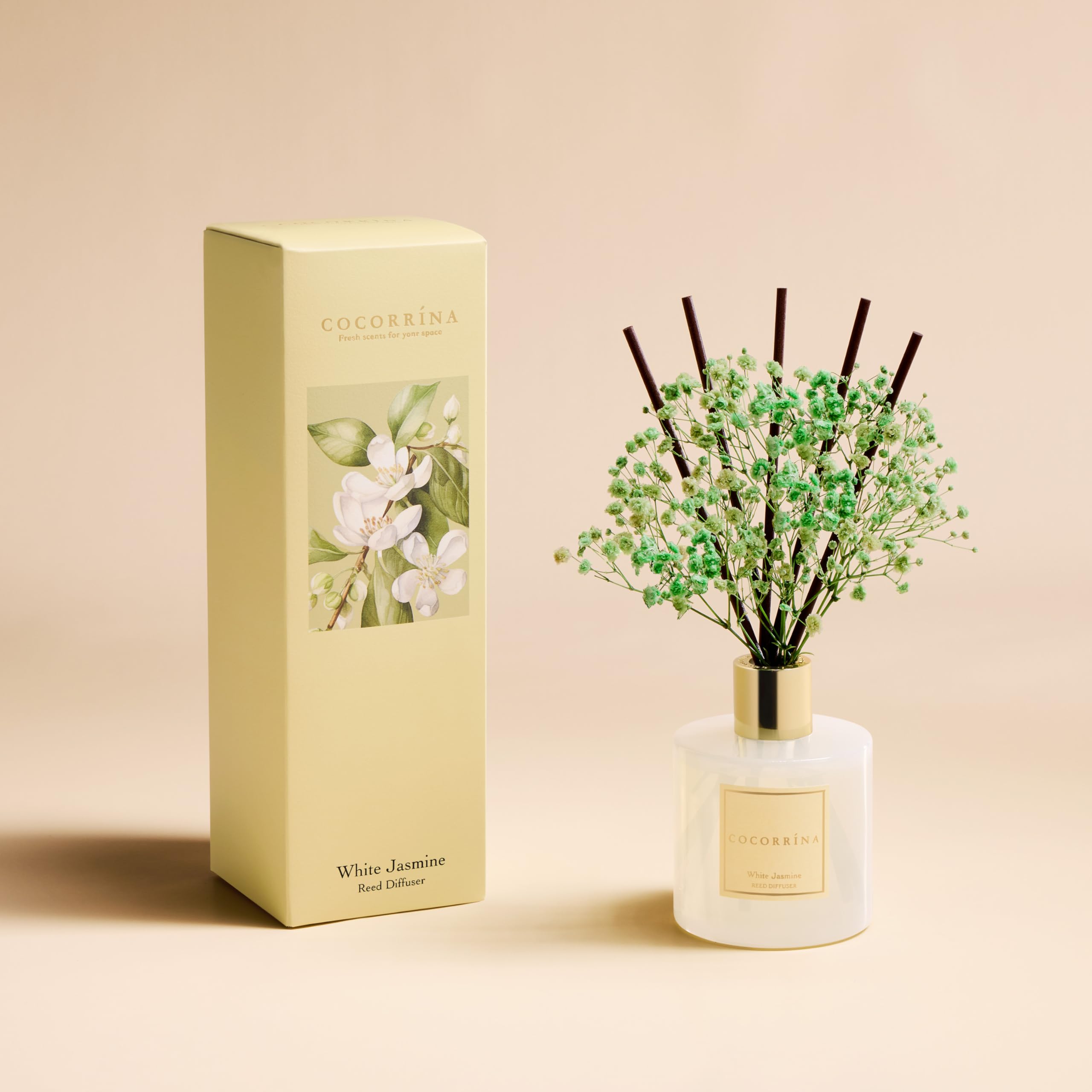 COCORR  NA Reed Diffuser - White Jasmine 6.7 Fl.oz Reed Diffuser Set with Sticks & Preserved Babys Breath, Reed Diffuser for Ho