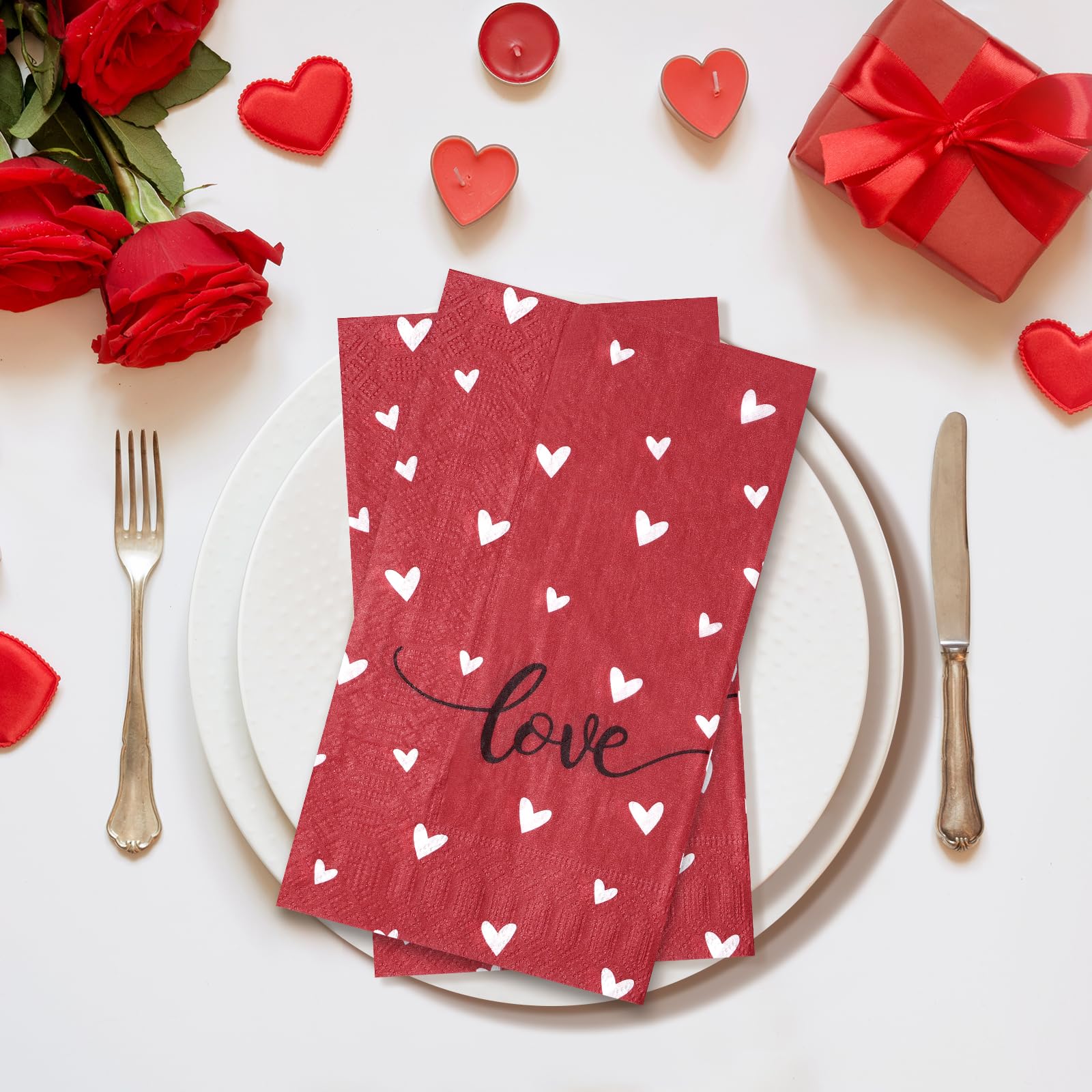 100Pcs Valentines Day Napkins Decorations,Disposable Red Heart Love Sign Paper Dinner Guest Hand Towel Napkins For Valentines Da