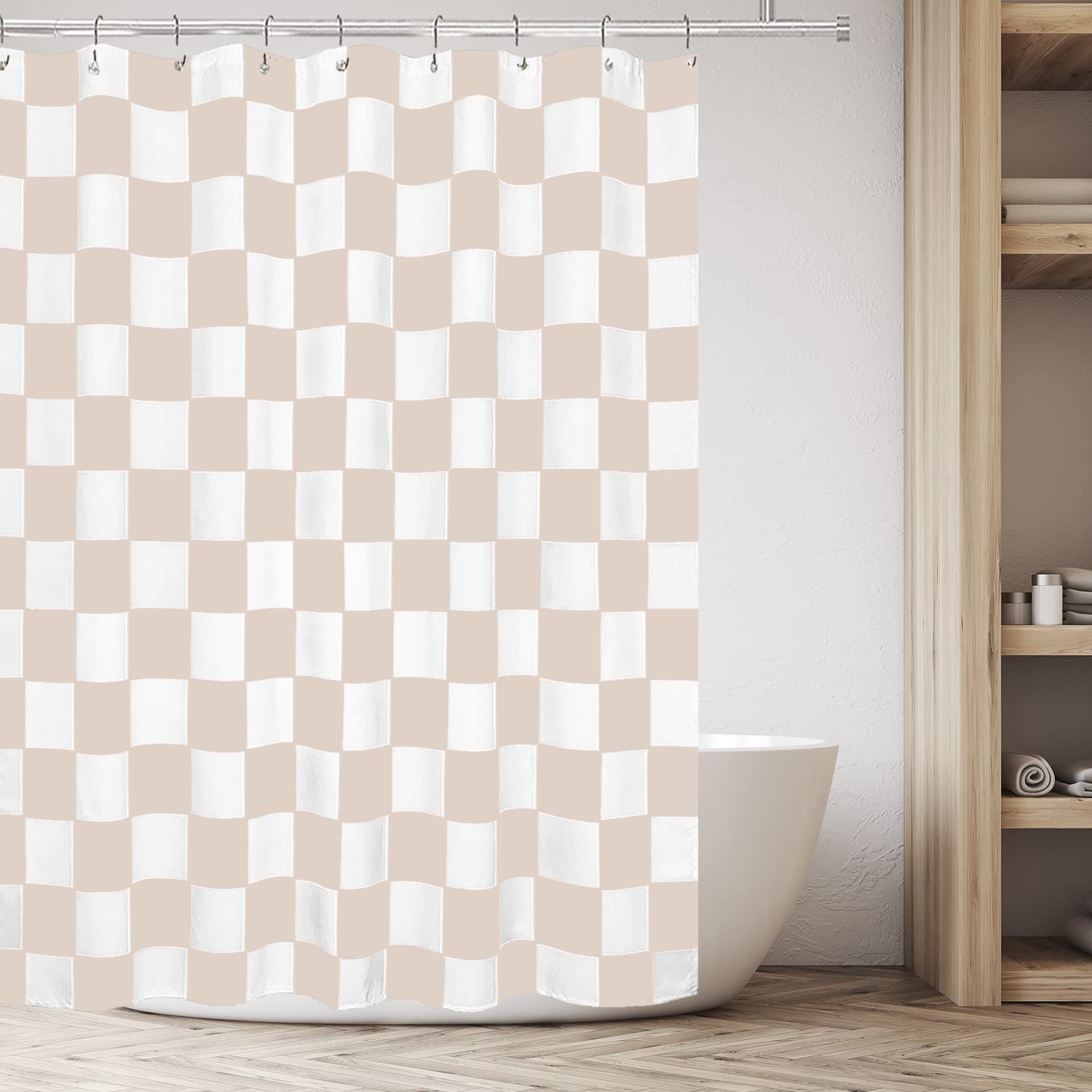 Tititex Aesthetic Checkerboard Grid Pattern Shower Curtain, White Cream Modern Shower Curtain Sets Decoration 71X71 Inch With Ho