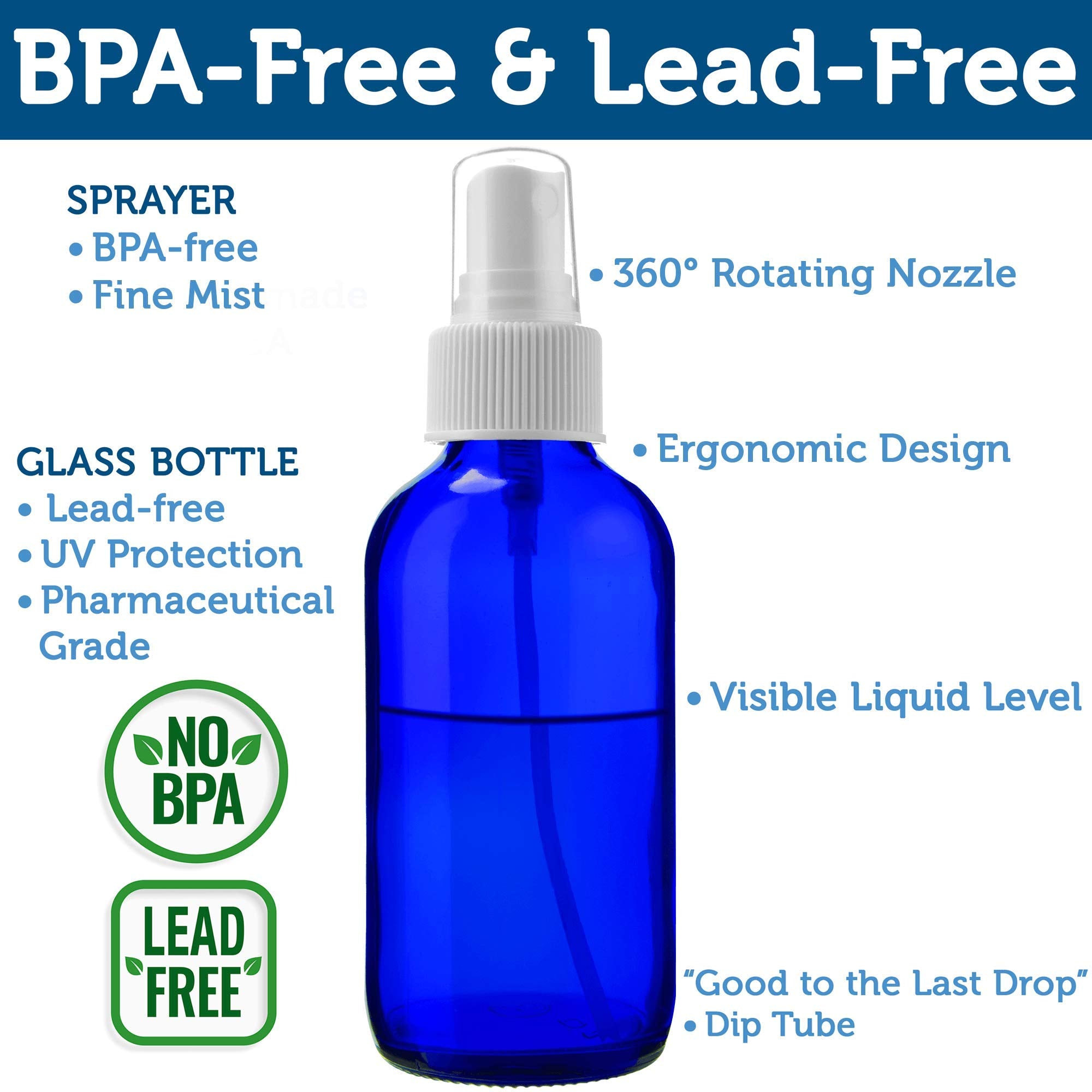 2 Empty Blue Glass Spray Bottles - Small 4oz Refillable Bottle is Great for Essential Oils  Organic Beauty Solutions  Homemade Cleaning and Aromatherapy - Small Portable Misters with Caps & Labels - 2 Pack