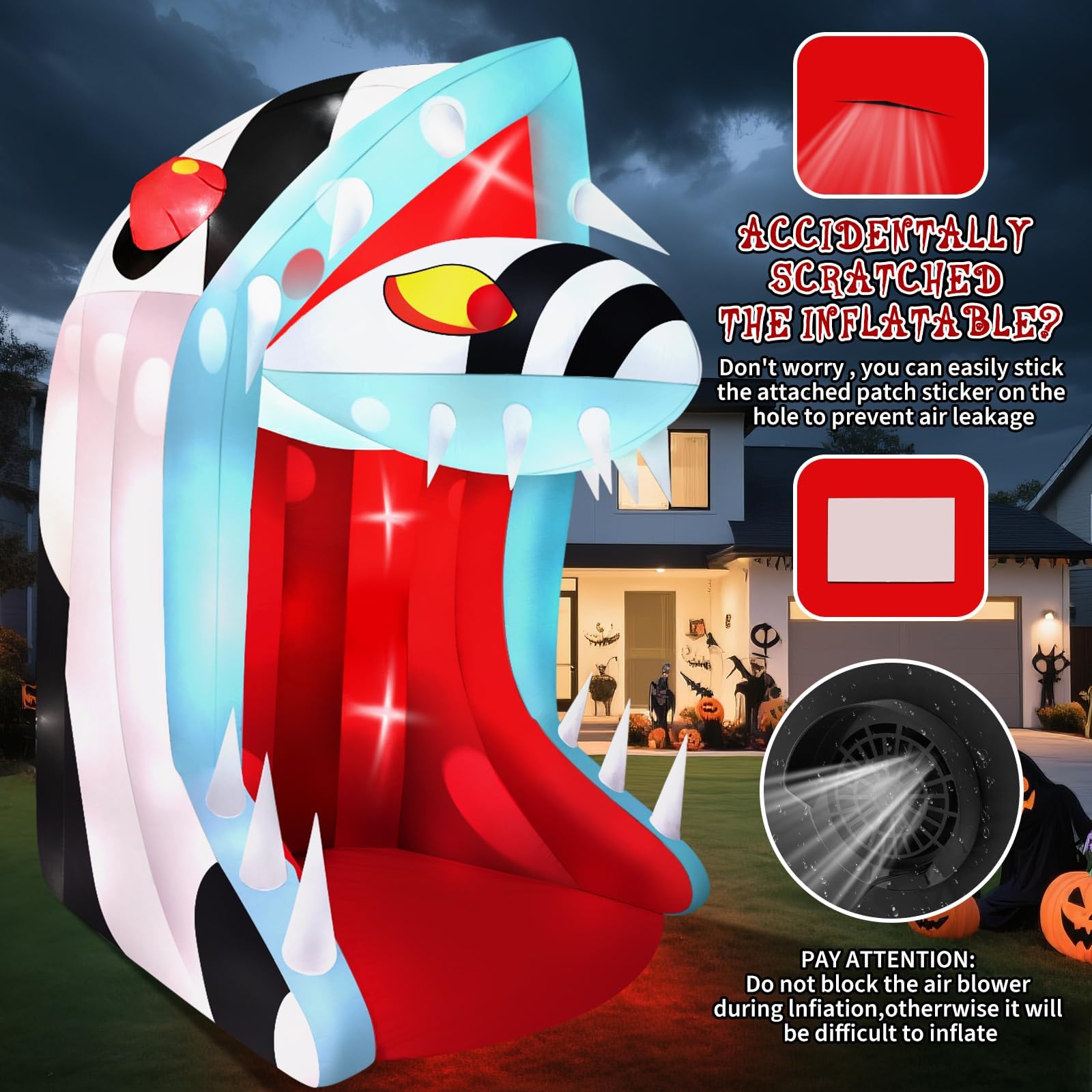 10FT Halloween Inflatable Snake Head with LED Light, Kalolary Halloween Outdoor Decoration with Open Mouth and Sharp Teeth, Hall