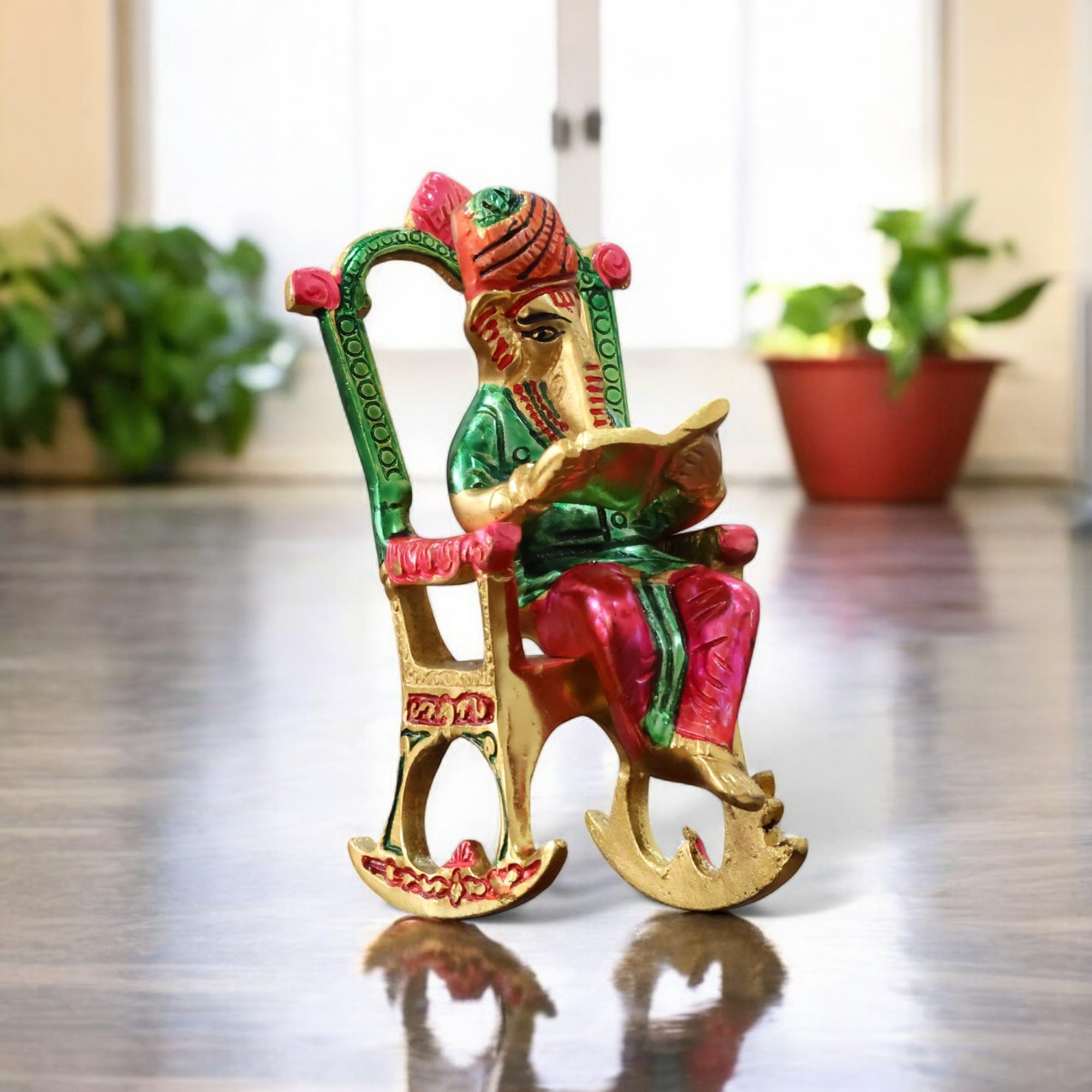 Kridaykraft Metal Chair Ganesh Ji Reading Book With Meenakari Work,Ganesha Metal Statue For Pooja & Home, Office Dcor, Car Dashb