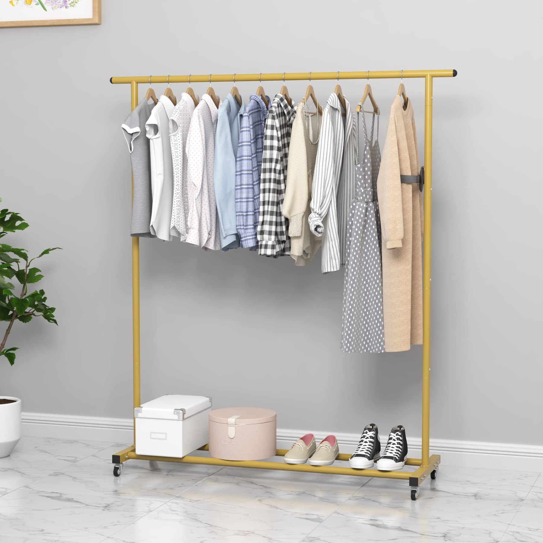 Buzowruil Clothing Clothes Rack Standard Rod Simple Rolling Metal Garment Rack Organizer Hanger With Wheels,Gold