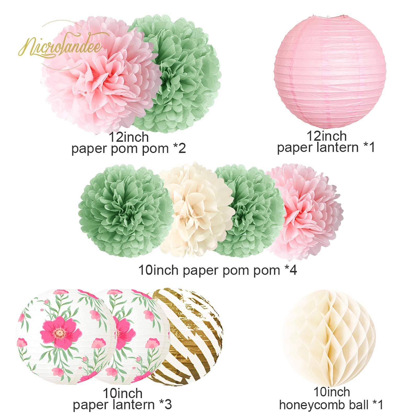 Nicrolandee 12Pcs Green Pink Blooms Tissue Pom Poms Paper Lantern 3D Gold Confetti 50G For Garden Birthday, Fairy Party, Butterf