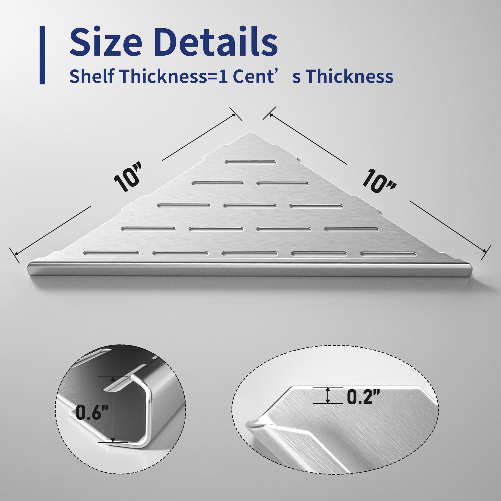 Bernkot Corner Shower Shelf 10'' Brushed 304 Stainless Steel Slot Design Recessed Corner Shelves Bathroom Shower Shelf For Tiled
