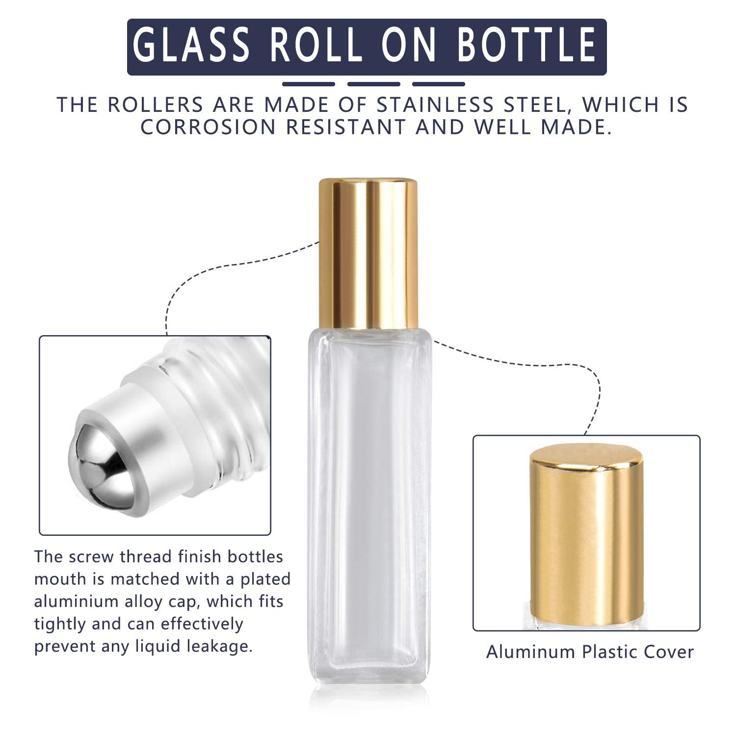 Wifreo Perfume Essential Oil Bottles, Square Refillable Thick Glass Roller Bottle, 4 Pack 1/3Oz 10Ml