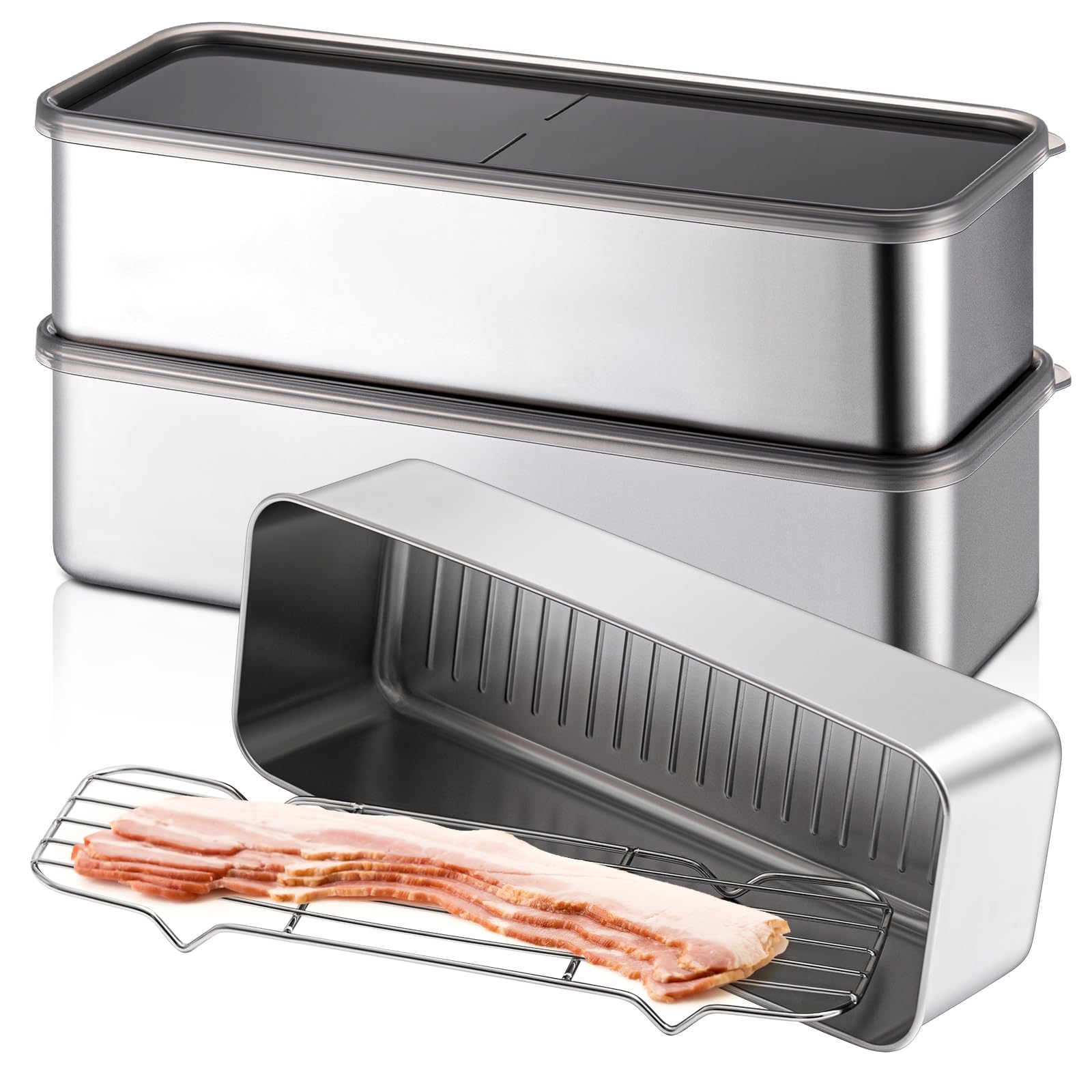 Hushee 3 Set 304 Stainless Steel Containers for Fridge with Removable Drain Tray 60 oz Rectangular Airtight Food Container with 