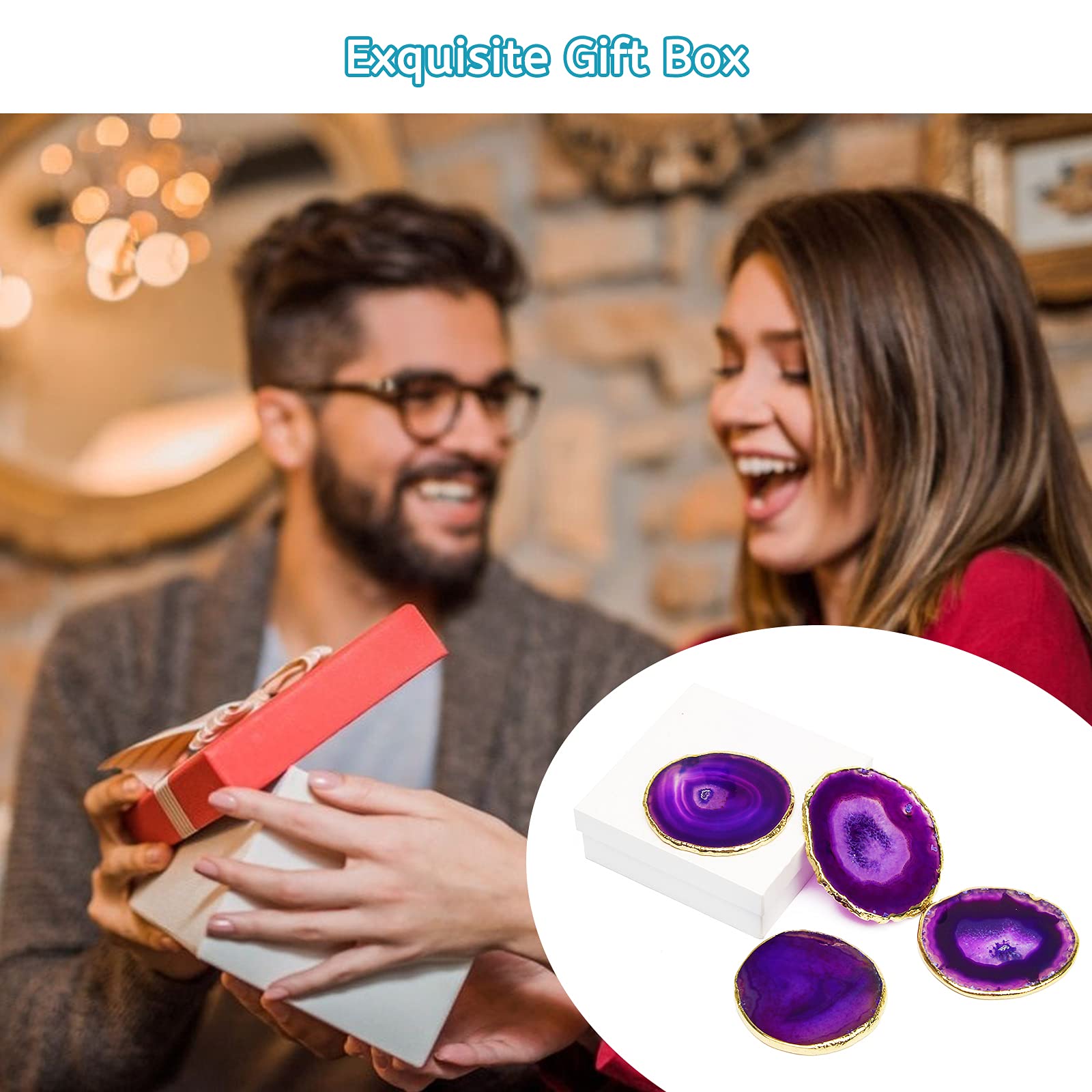 Purple Agate Coasters Set of 4 with Gift Box  Luxiv 3-4'' Agate Coasters for Drinks Natural Crystal Coasters with Gold Edge Brazilian Geode Stone Coaster for Coffee  Drinks  Tea (Purple  3-4 inches)