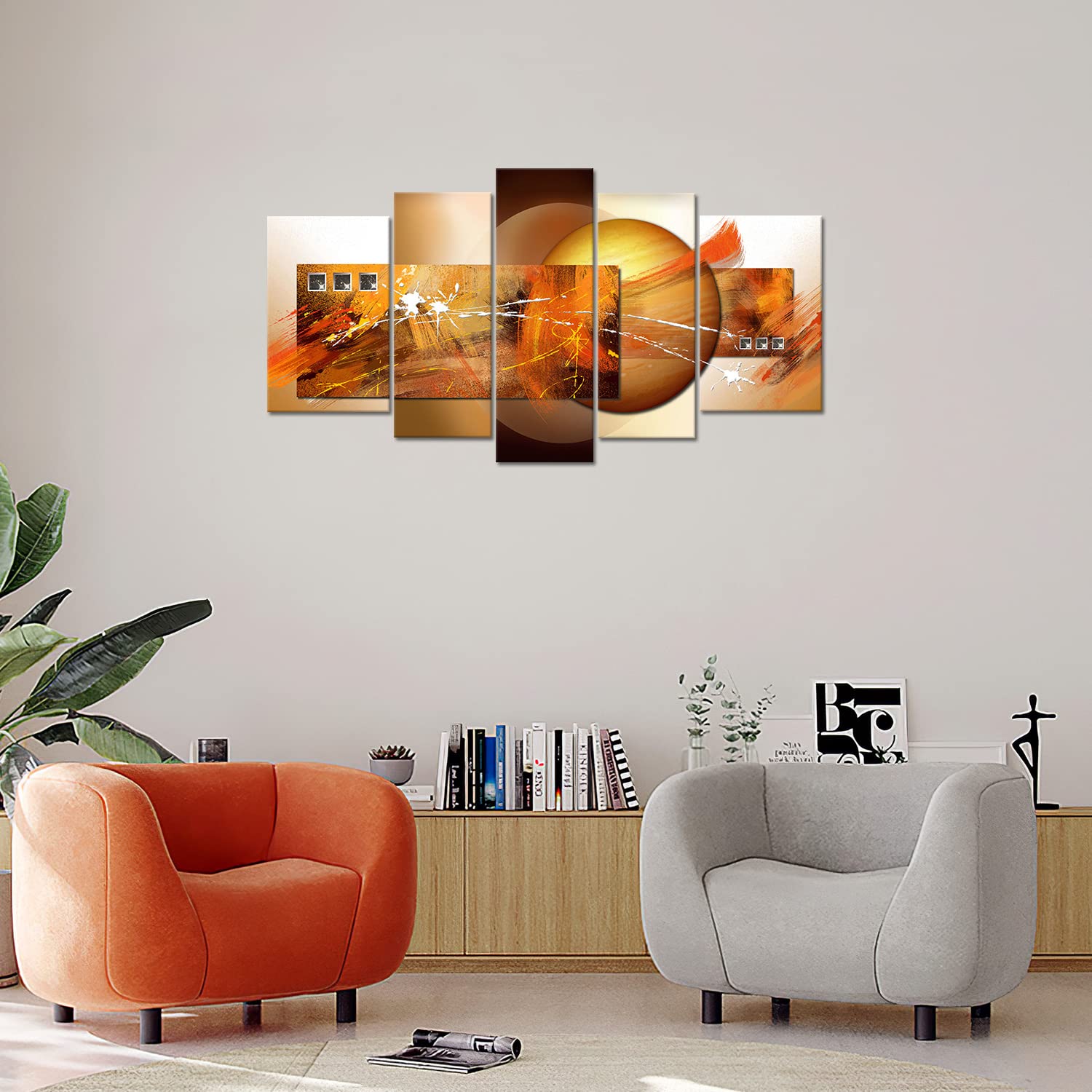Novup Large Abstract Orange Wall Art, 5 Piece Modern Painting Canvas Print - Contemporary Artwork Picture For Living Room Bedroo
