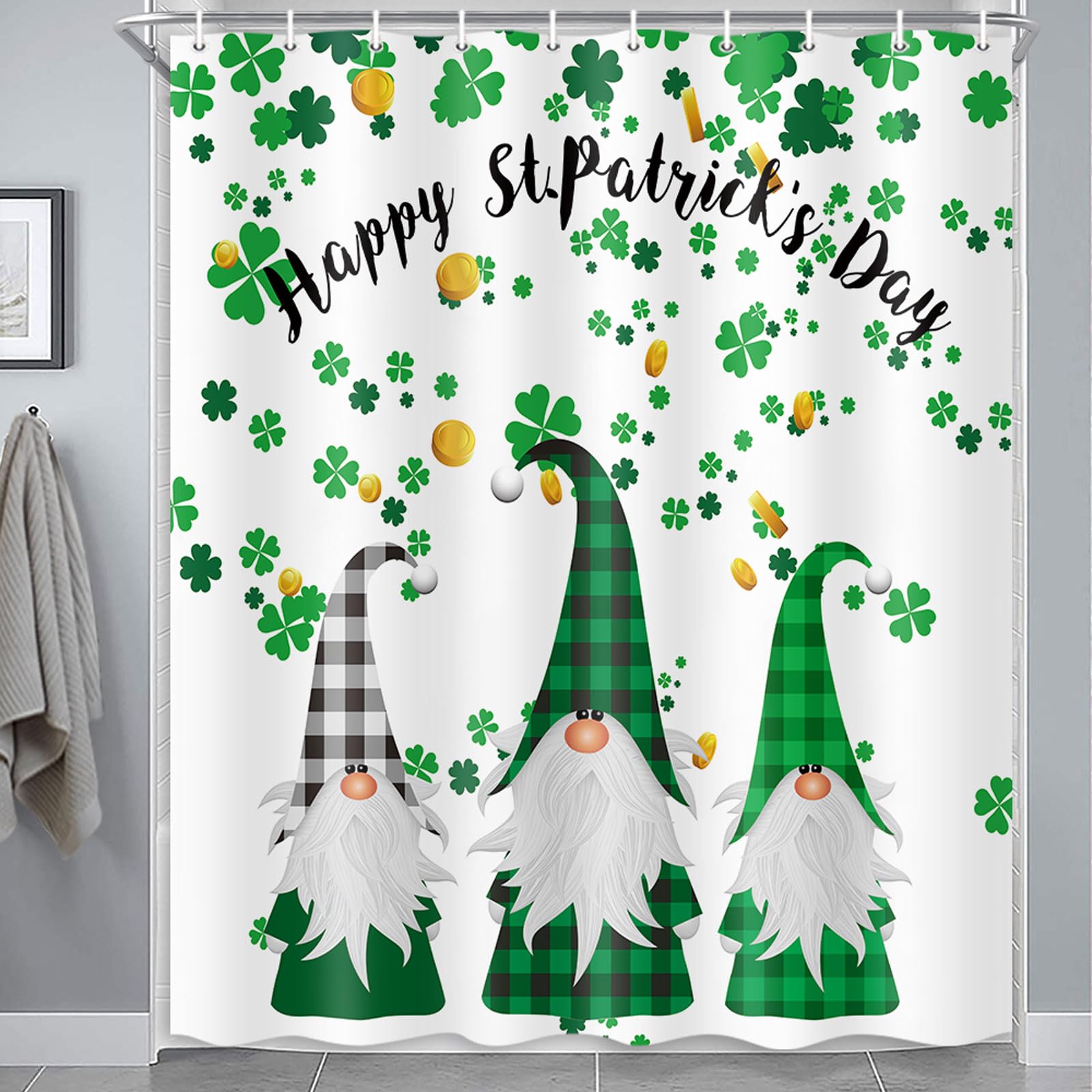 Merchr Happy St. Patrick'S Day Shower Curtain, Green Clover Shamrock Leaf Irish Gnome Elf Design, Buffalo Check Plaid Decor Clot