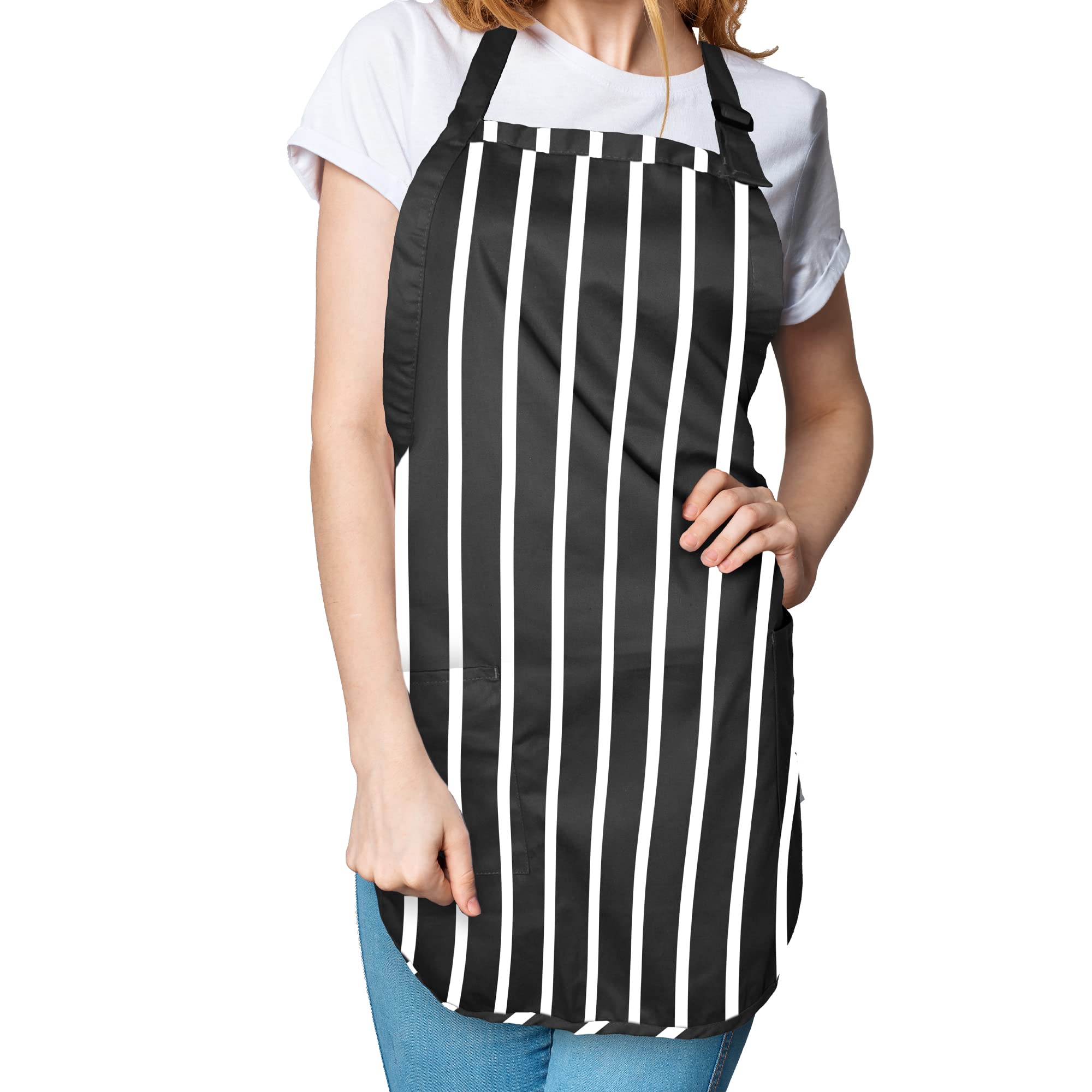 Dalix Apron Commercial Restaurant Home Bib Spun Poly Cotton Kitchen Aprons (2 Pockets) In Pinstripe Black/White