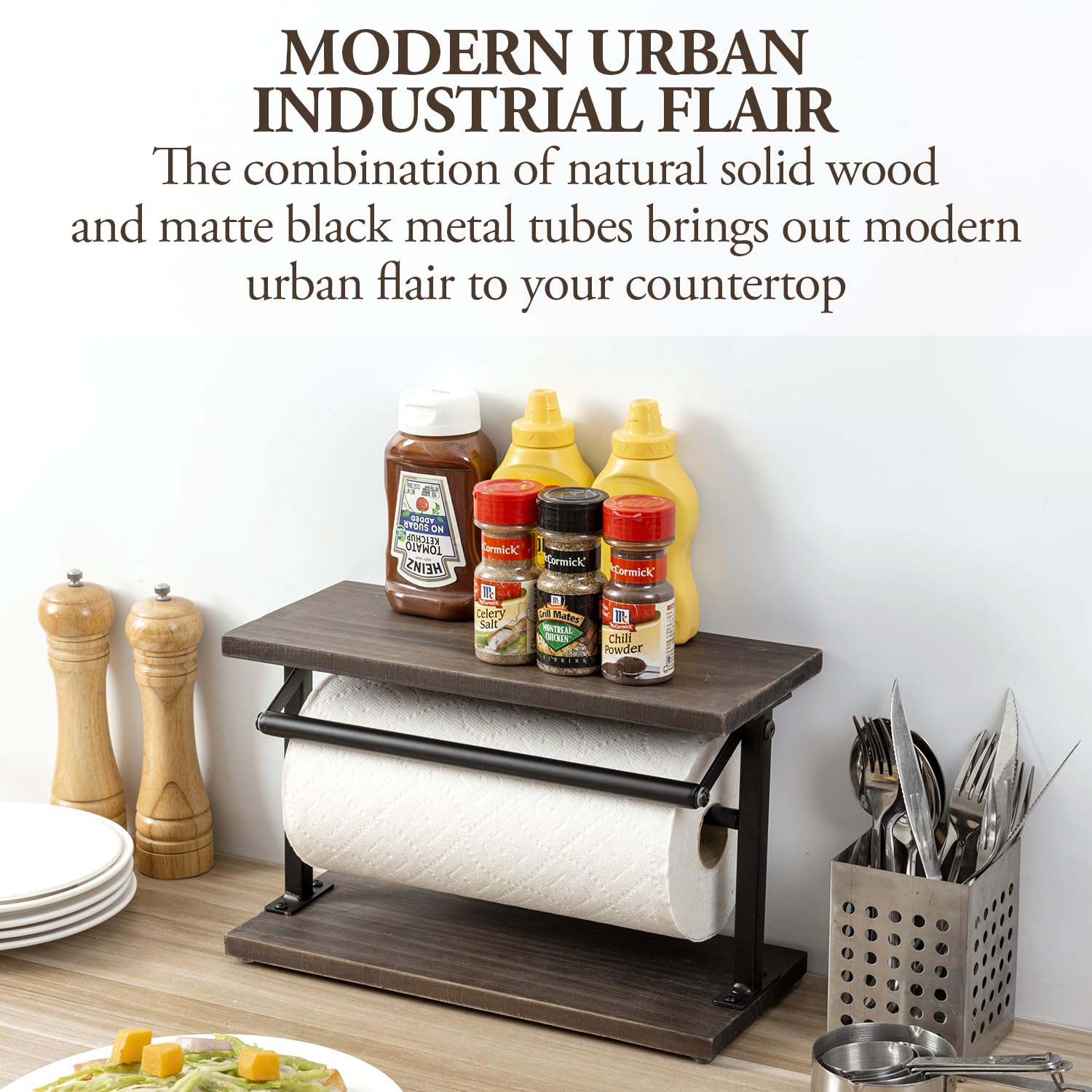 MyGift Rustic Burnt Wood Kitchen Countertop Paper Towel Holder & Condiment Shelf Rack, Metal Dispenser, Model KIT2930DKBRN