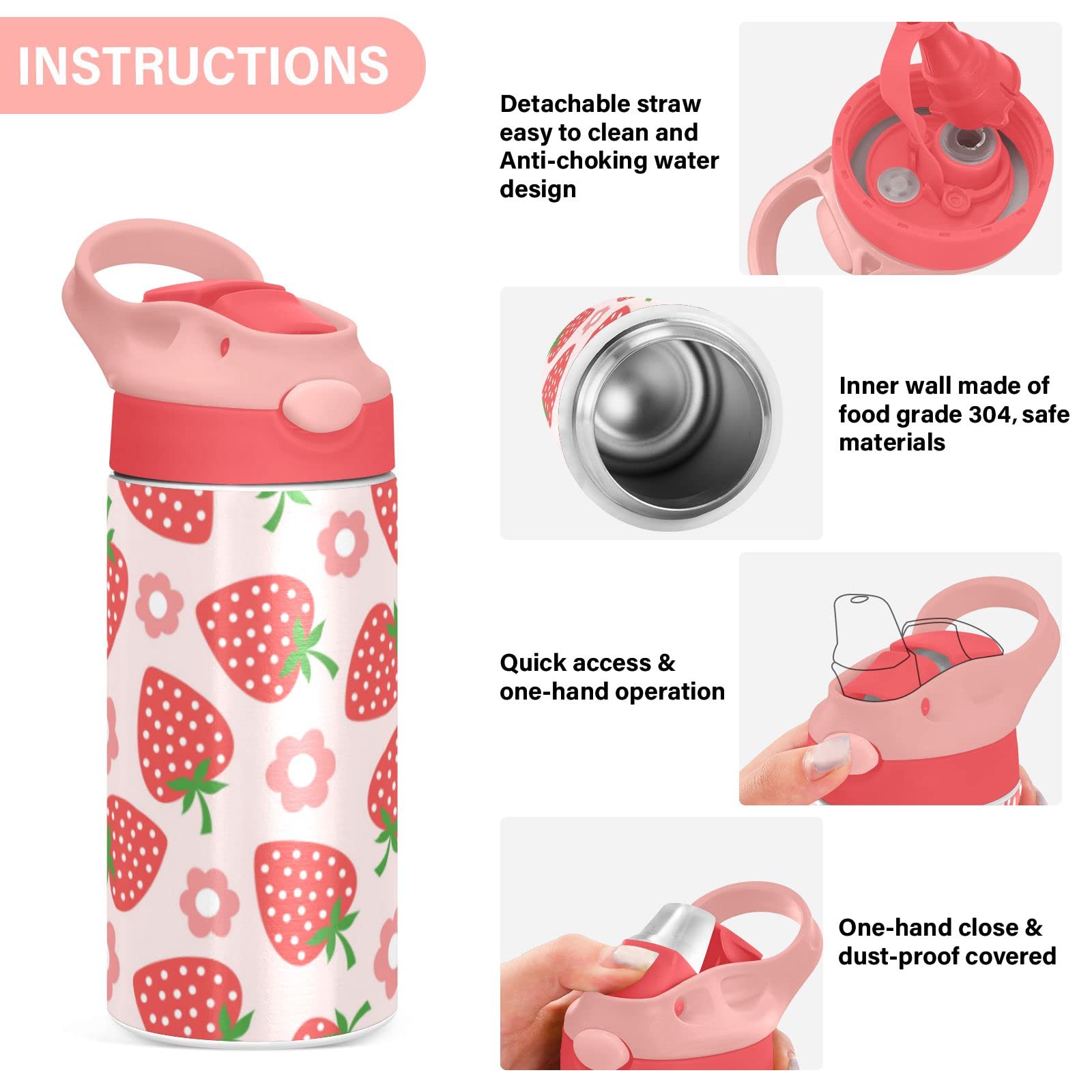 Children Insulated Water Bottles With Straw For School Kids Strawberry Cute Pink Stainless Steel Vacuum Double Wall Keeps Hot An