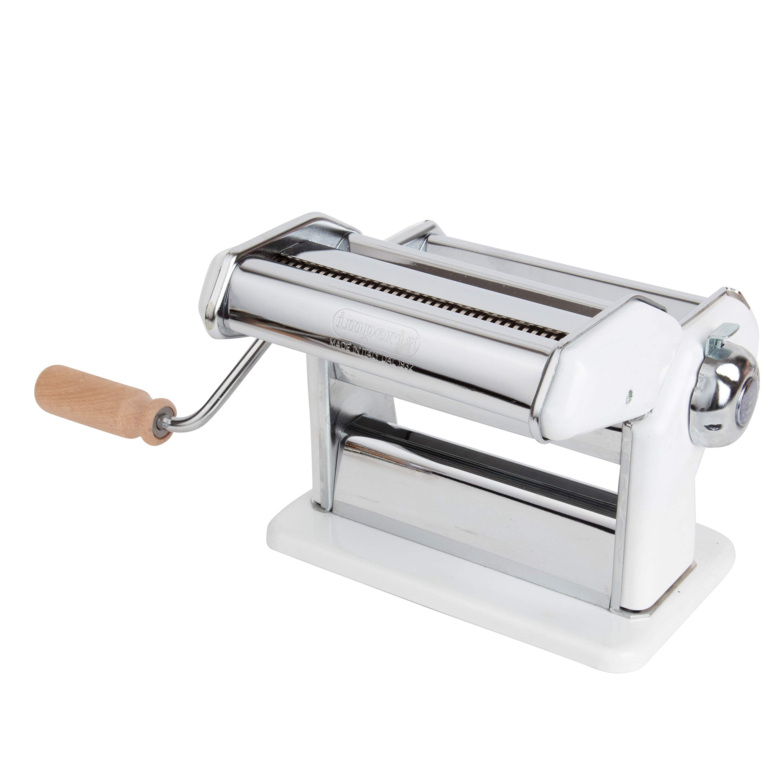 Imperia Pasta Maker Machine, White, Made In Italy- Heavy Duty Steel Construction W Easy Lock Dial, Wood Grip Handle For Authenti