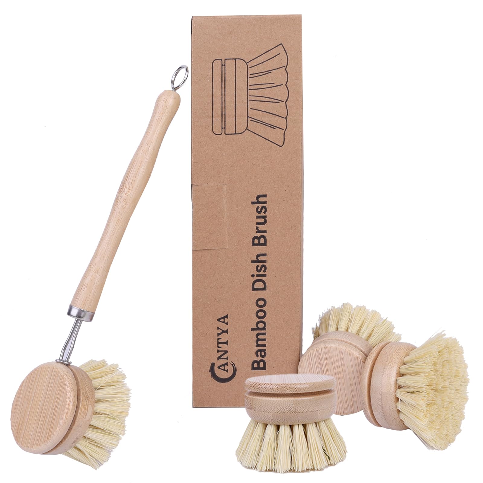 Bamboo Dish Brush With Handle 4 Replacement Heads Eco Soft Sisal Dish Scrub Brush Vegetable Brush Dish Scrubber Brush Dishwashin