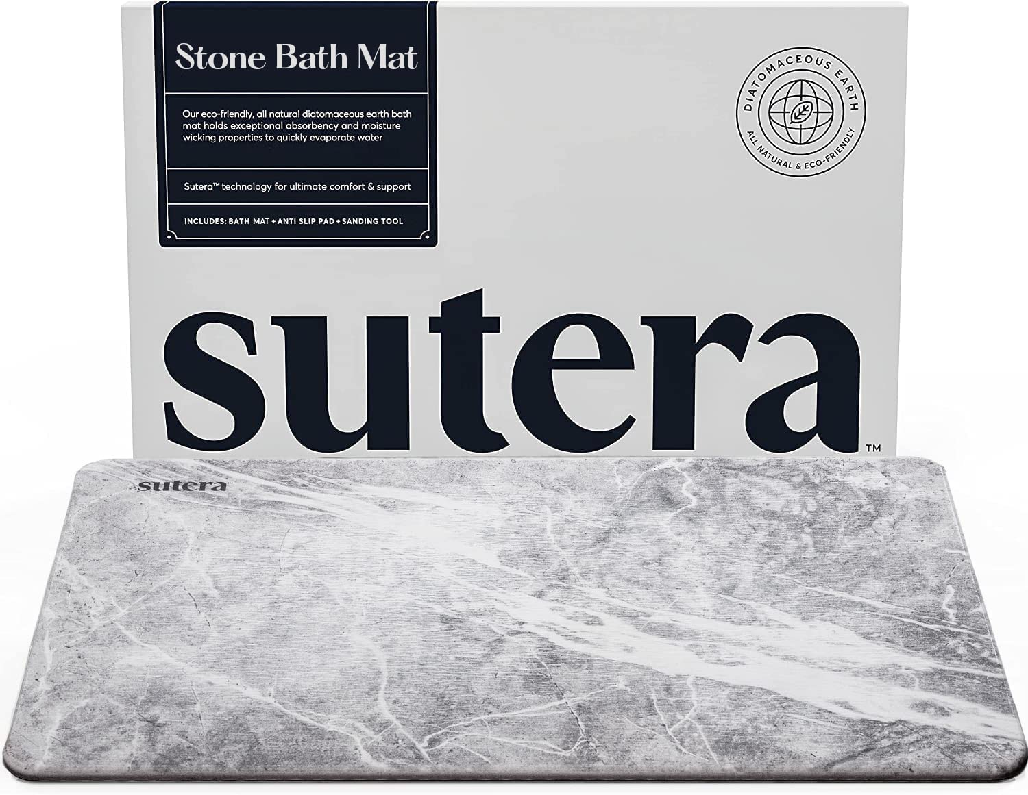 SUTERA - Stone Bath Mat, Diatomaceous Earth Shower Mat, Non-Slip Super Absorbent Quick Drying Bathroom Floor Mat, Natural, Easy 