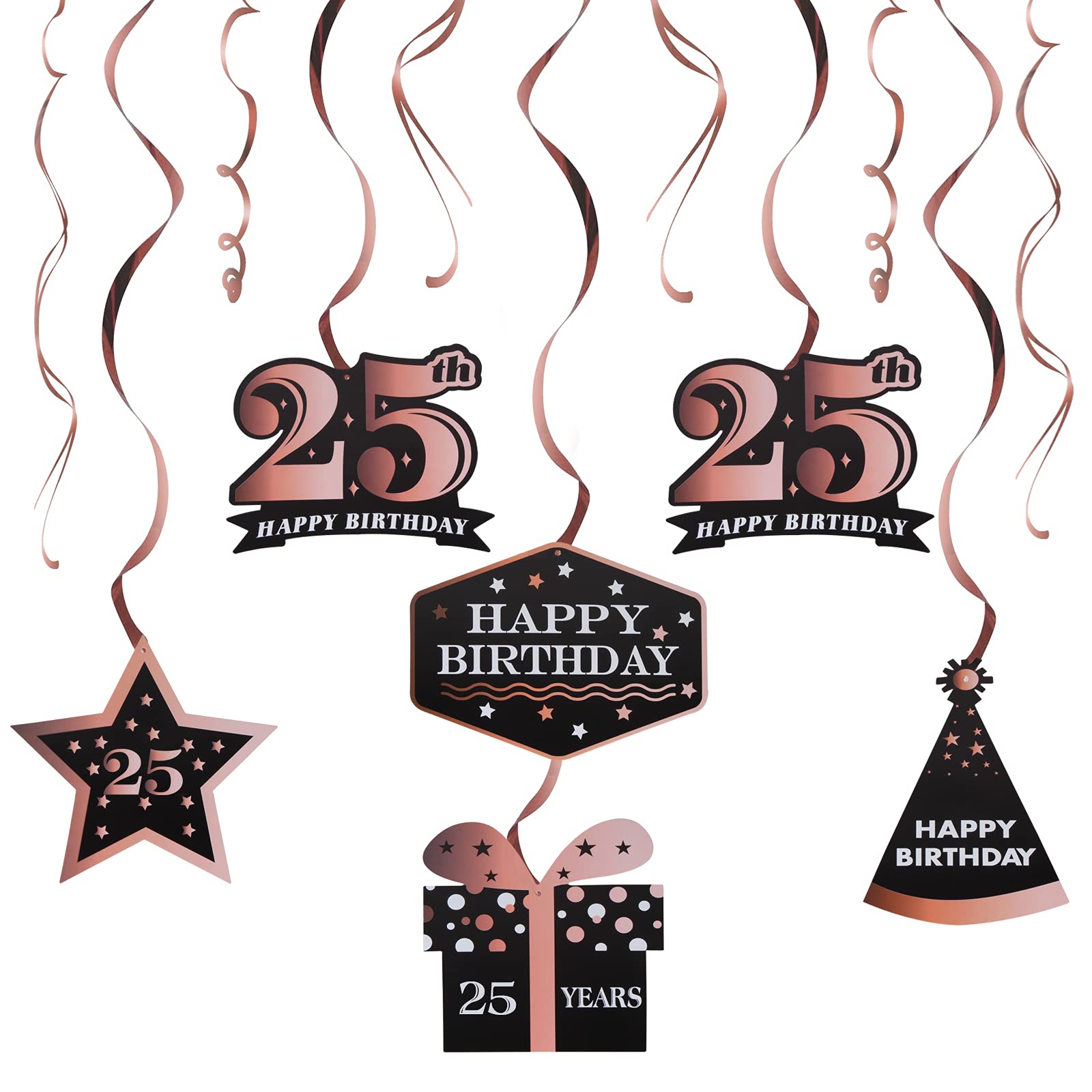 Lingteer Happy 25Th Birthday Decorations,25Th Birthday Black With Rose Swirls Hanging Streamer Kit,Cheers To 25 Years Old Bday F