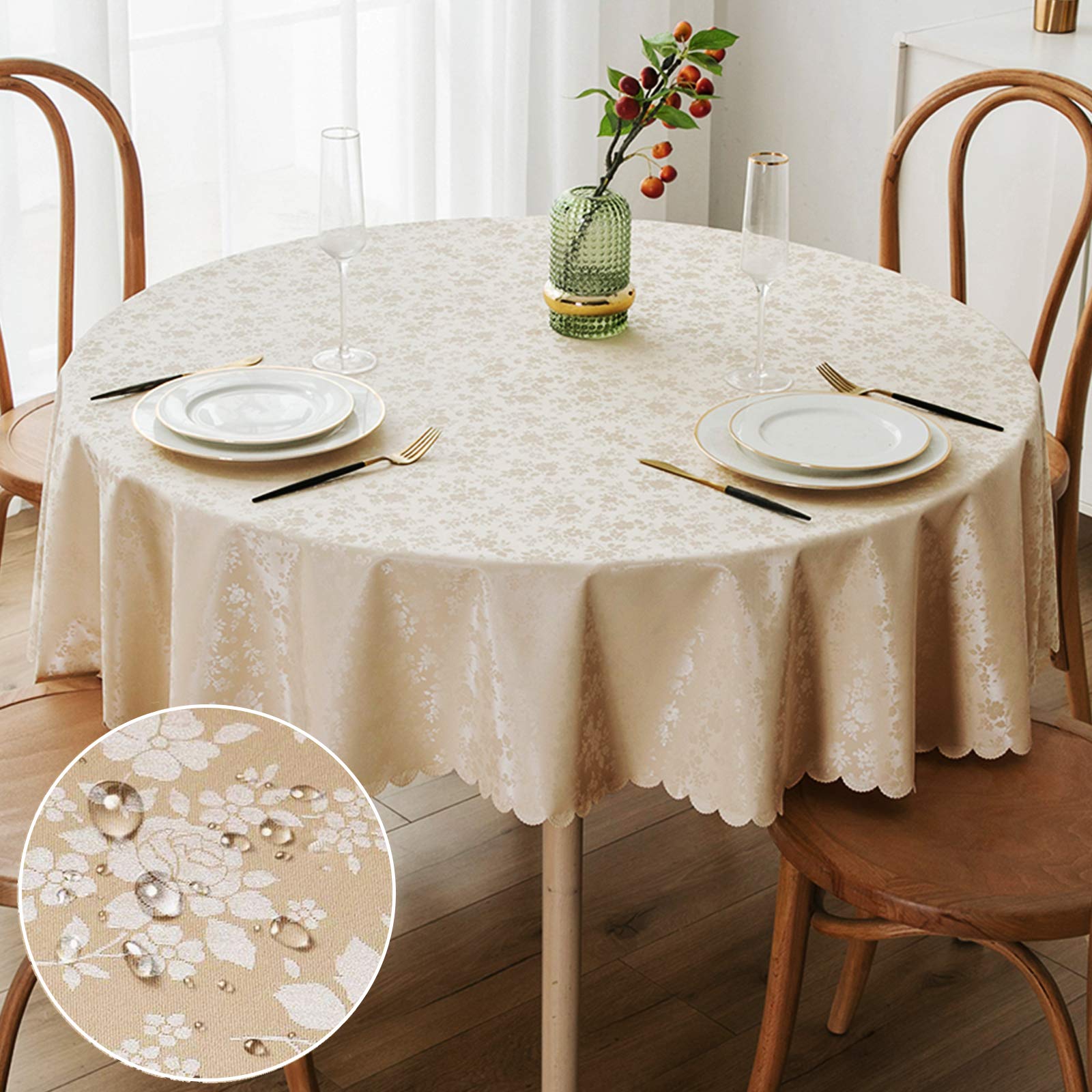 Smiry Round Table Cloth, Waterproof Heavy Duty Vinyl Tablecloths, Wipeable Washable Table Cover For Kitchen And Dining Room (Bei
