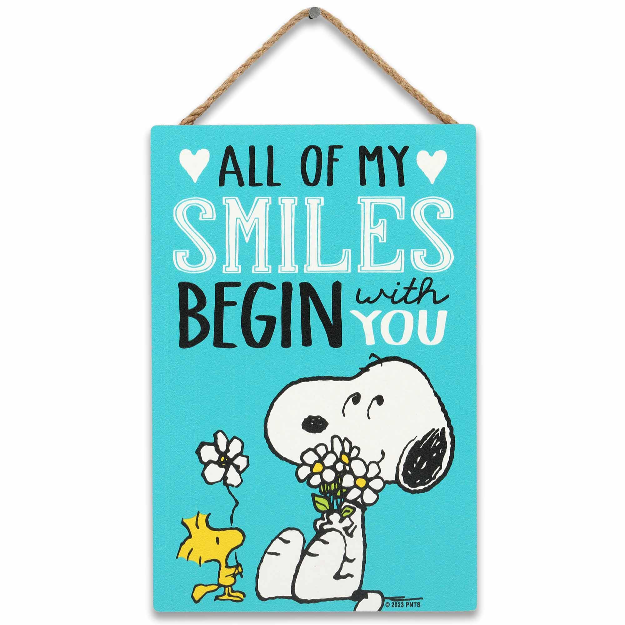 Open Road Brands Peanuts Snoopy All My Smiles Begin with You Hanging Wood Wall Decor - Cute Snoopy Sign - Great Gift Idea