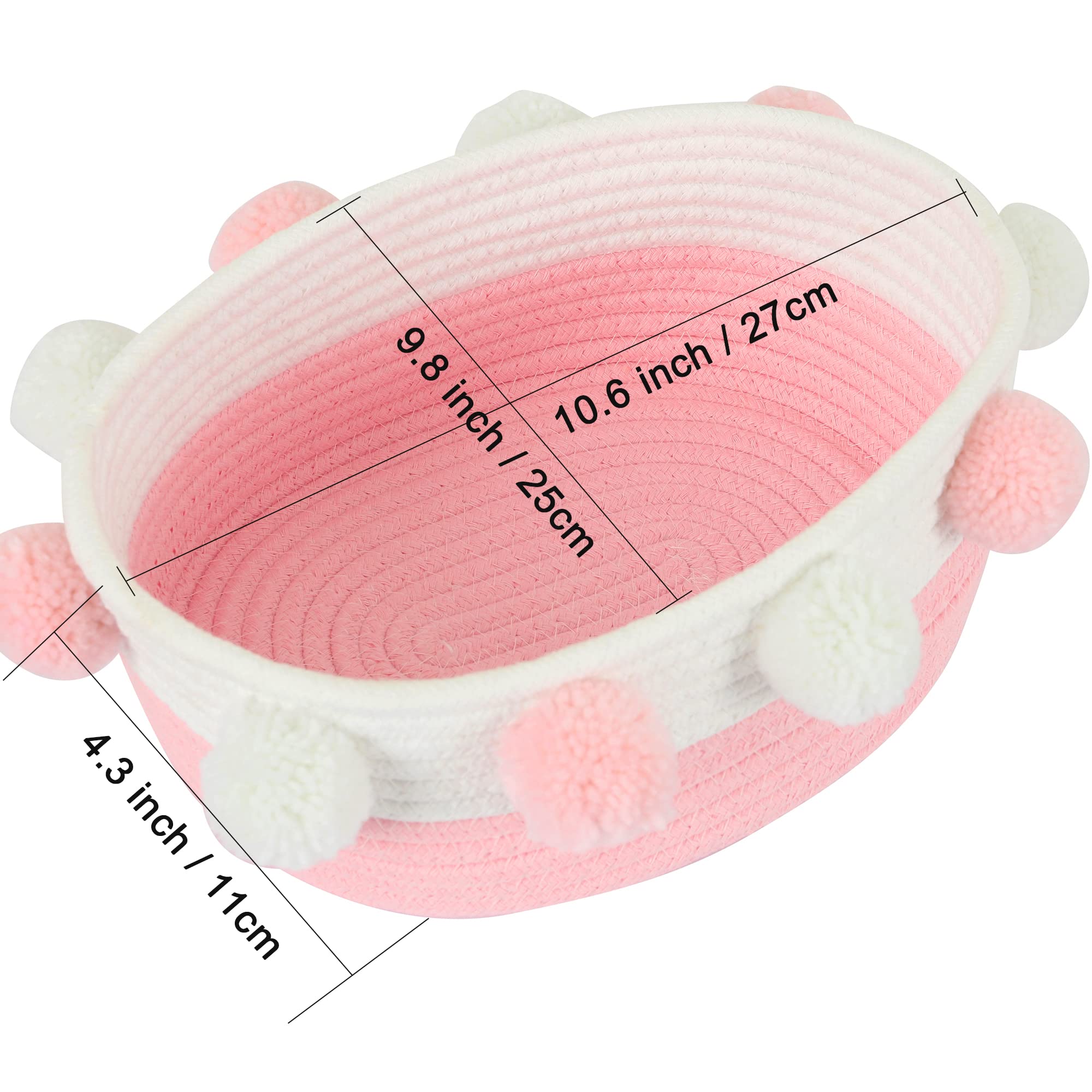 Rengaorise Small Pink Basket With Pompoms, 10.6'' X 9.8'' X 4.3'' Oval Decorative Cute Cotton Rope Woven Baby Basket For Books,