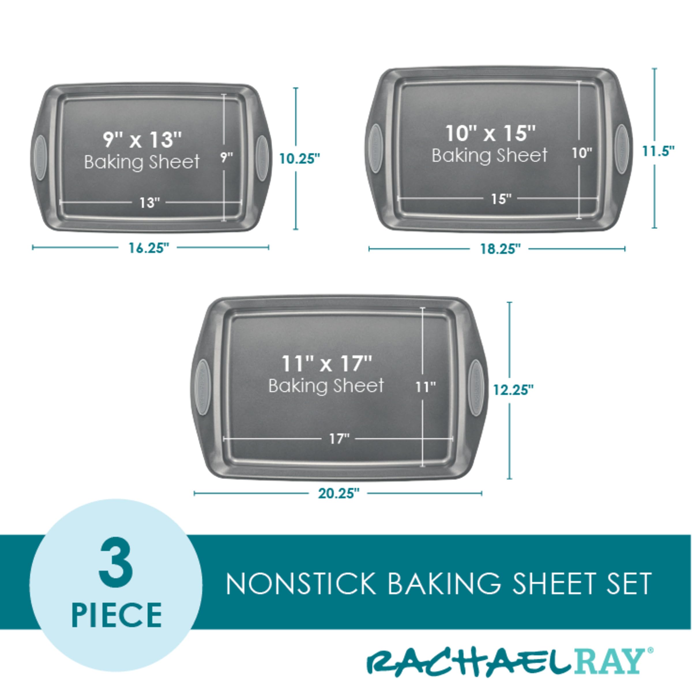 Rachael Ray Nonstick Bakeware Set, 3 Piece Cookie Sheets, Steel, Sea Salt Gray Grips, Model 47577