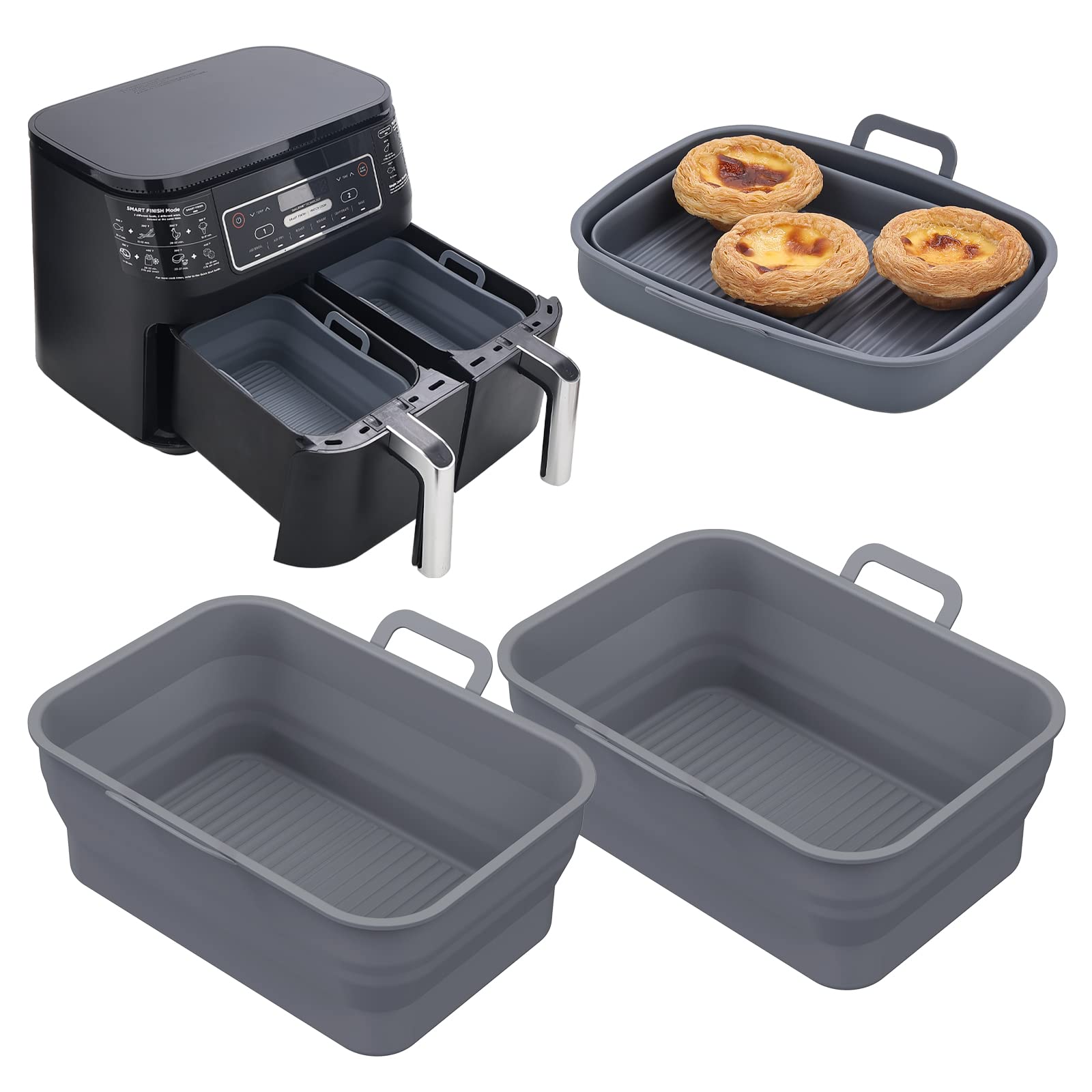 Vangerute Collapsible 2-Pack Air Fryer Silicone Liners for 8QT & 10QT NINJA Foodi Dual, Rectangular Air Fryer Silicone Pot, Reus