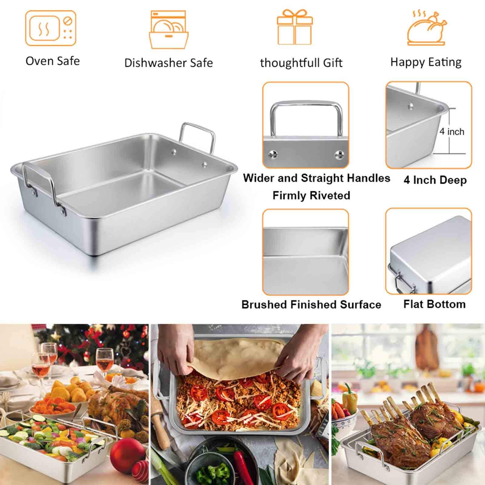 Teamfar Roasting Pan, 15 Inch Large Turkey Roaster Lasagna Pan With V Rack & Cooling Rack Set Stainless Steel For Thanksgiving C