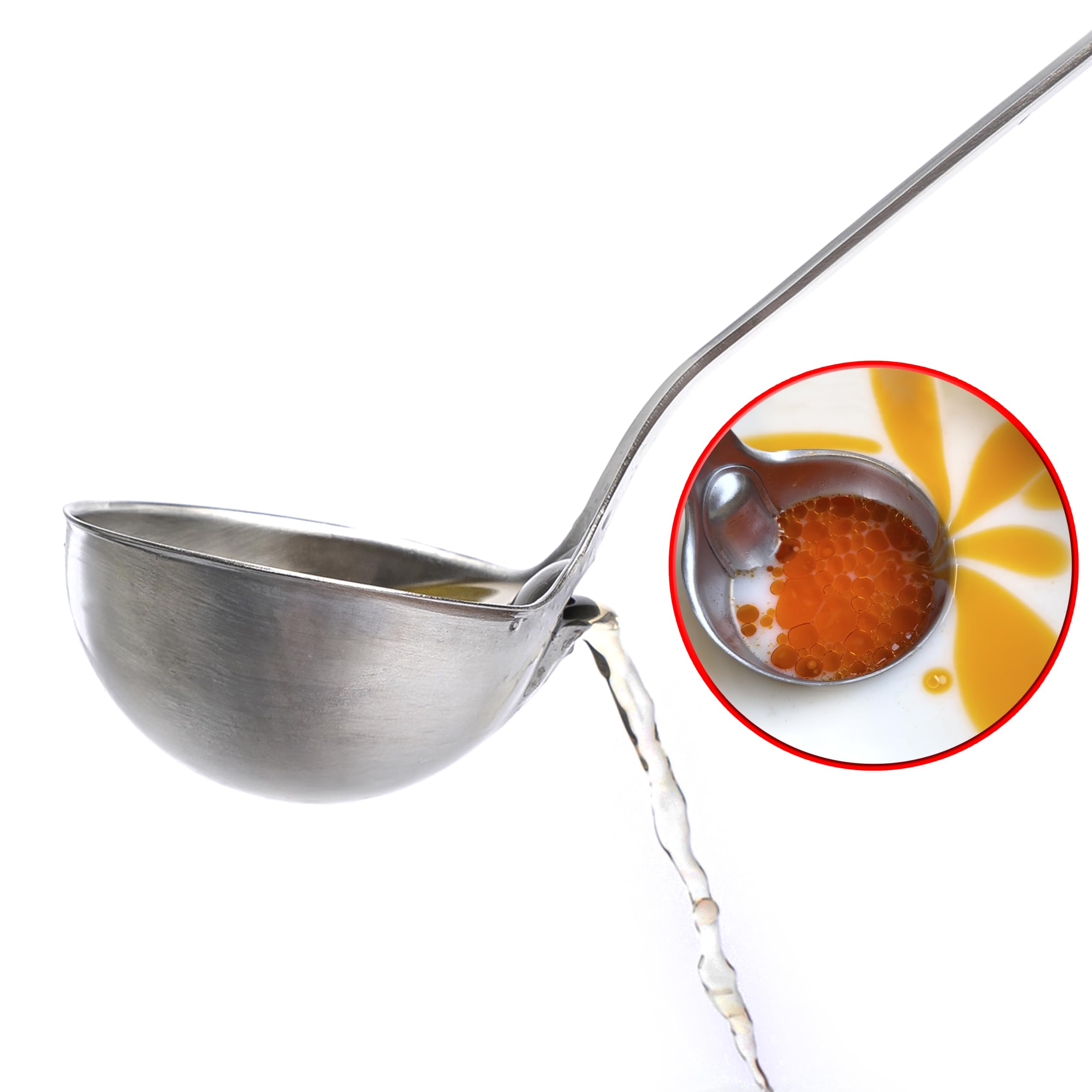 NexTrend stainlesssteel fatskimming ladle with internal spout and long handle for soups, broths and sauces