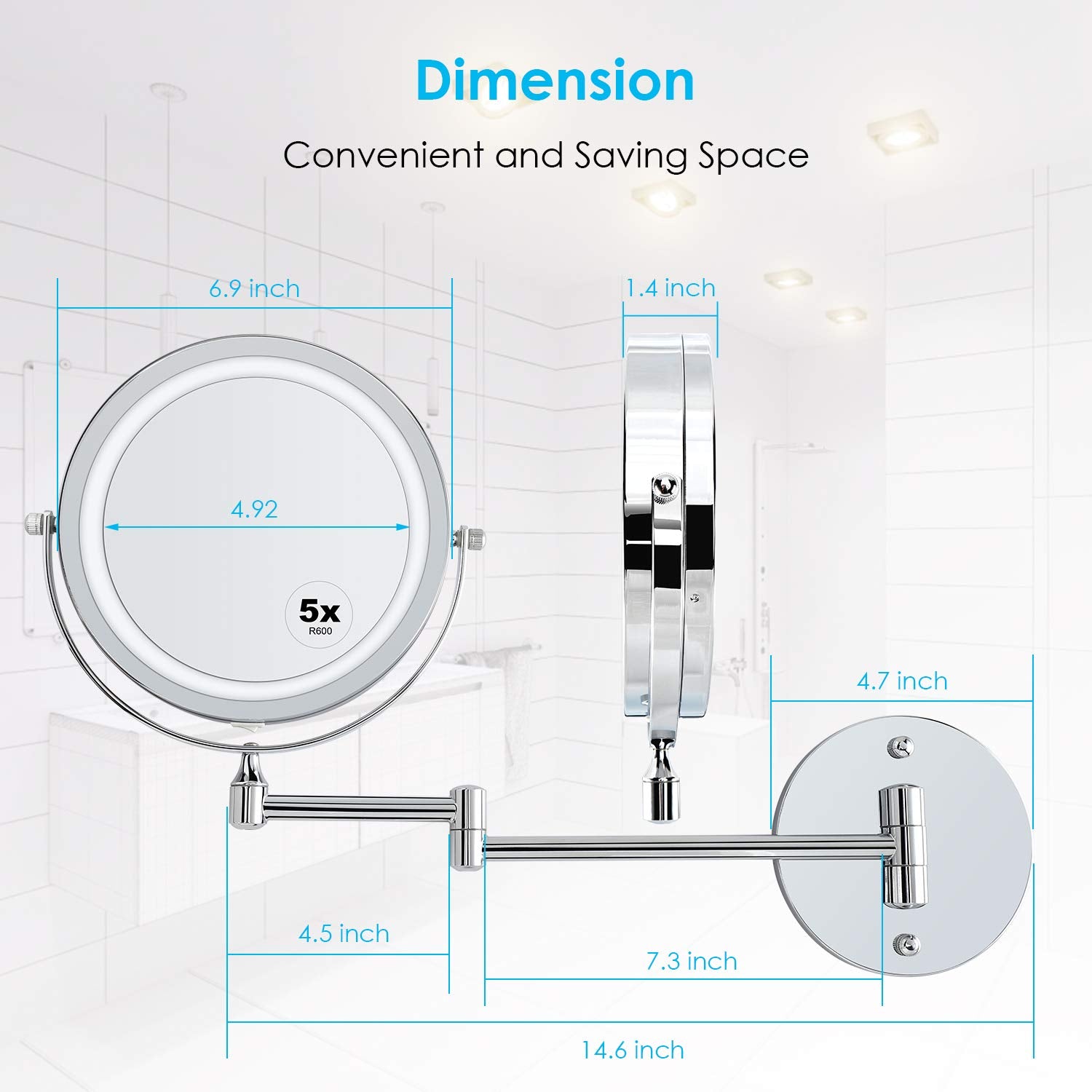ALVOROG Wall Mounted Makeup Mirror LED Lighted Double Sided 5X Magnification 360 Swivel Extendable Cosmetic Vanity Mirror for Ba