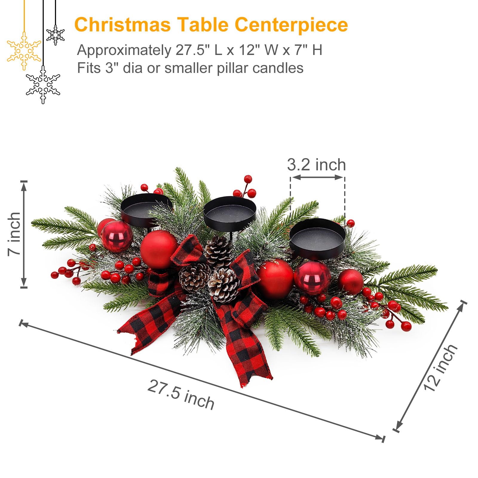 Christmas Table Centerpieces Decorations, 27.5 Inch Designed with Golden Bowknot Baubles Ornaments, Artificial Golden Berries an