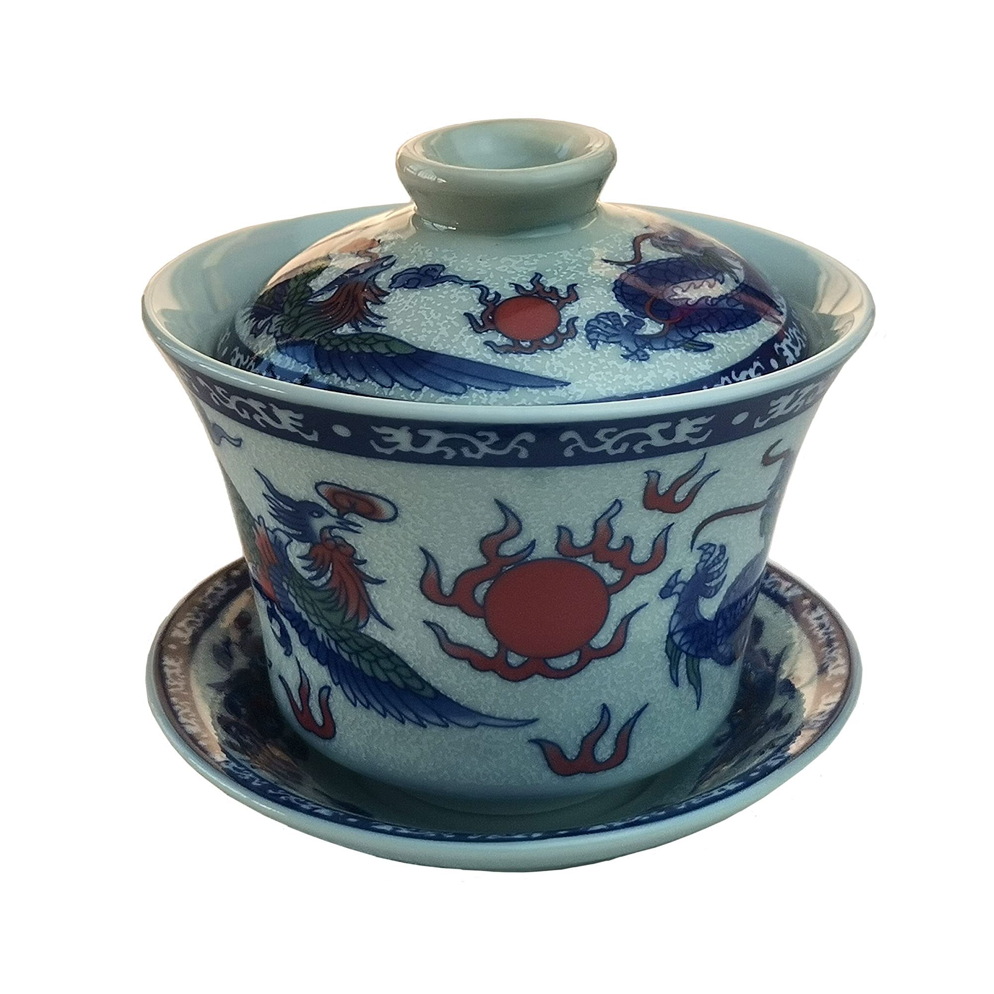 Gaiwan 5.5Oz Chinese Teacup Qinghua Porcelain Cup Dragon Phoenix Gongfu Tea Set (Dragon And Phoenix)