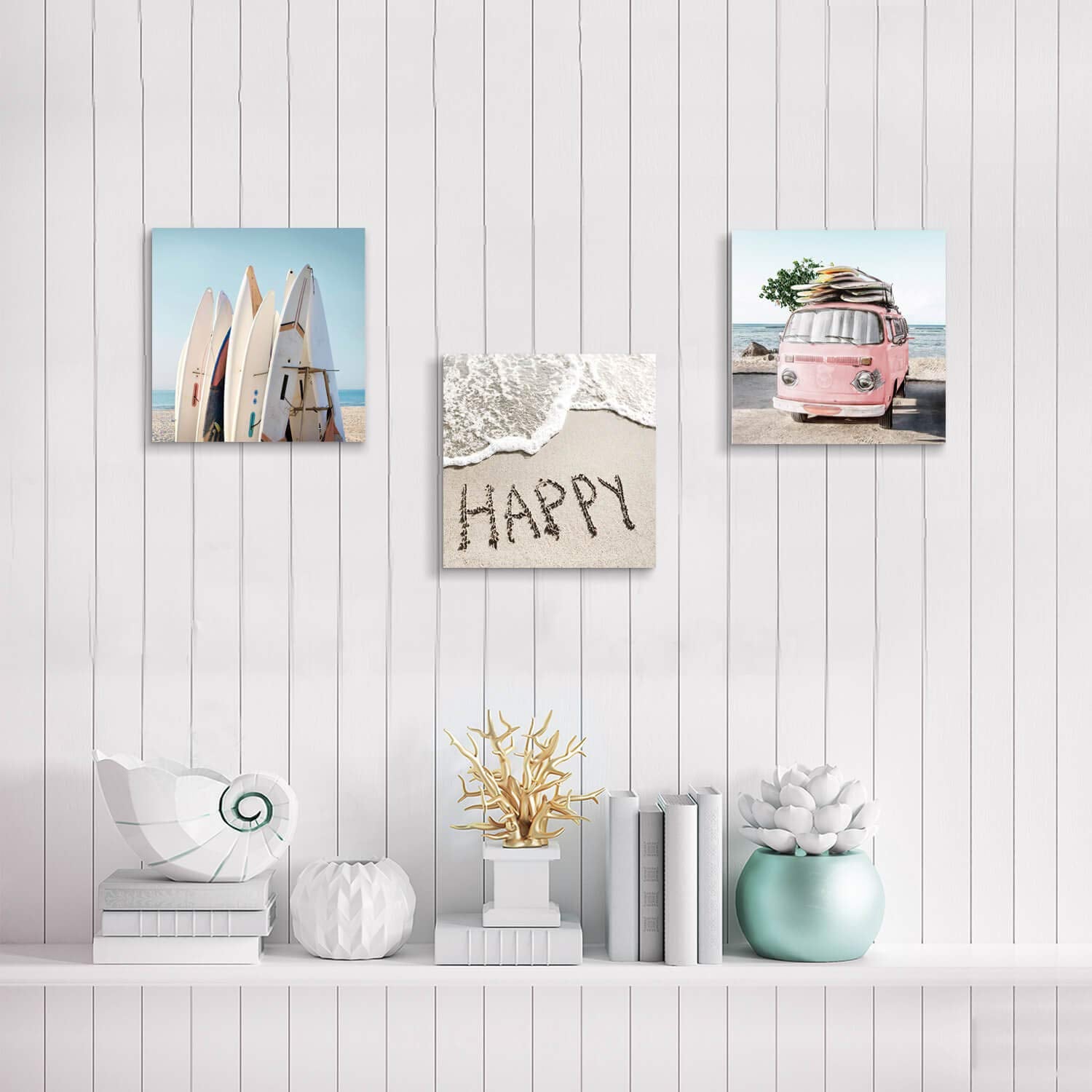 Costal Canvas Wall Art Pictures: Surfboards & Pink Car On Sand Artwork Canvas Painting For Living Room (12    X 12'' X 3 Panels)