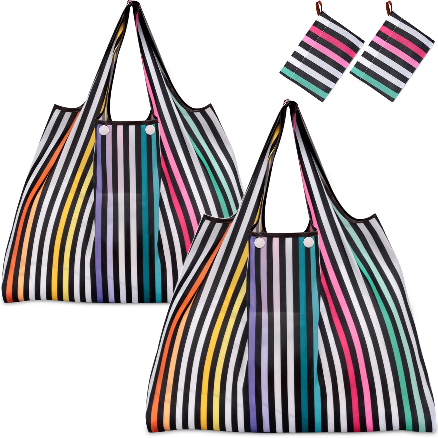 Kingmas Reusable Grocery Bags, 2 Pack Eco-Friendly Folding Tote Shopping Bag Fits In Pocket, Washable Waterproof Nylon Pouch Bag