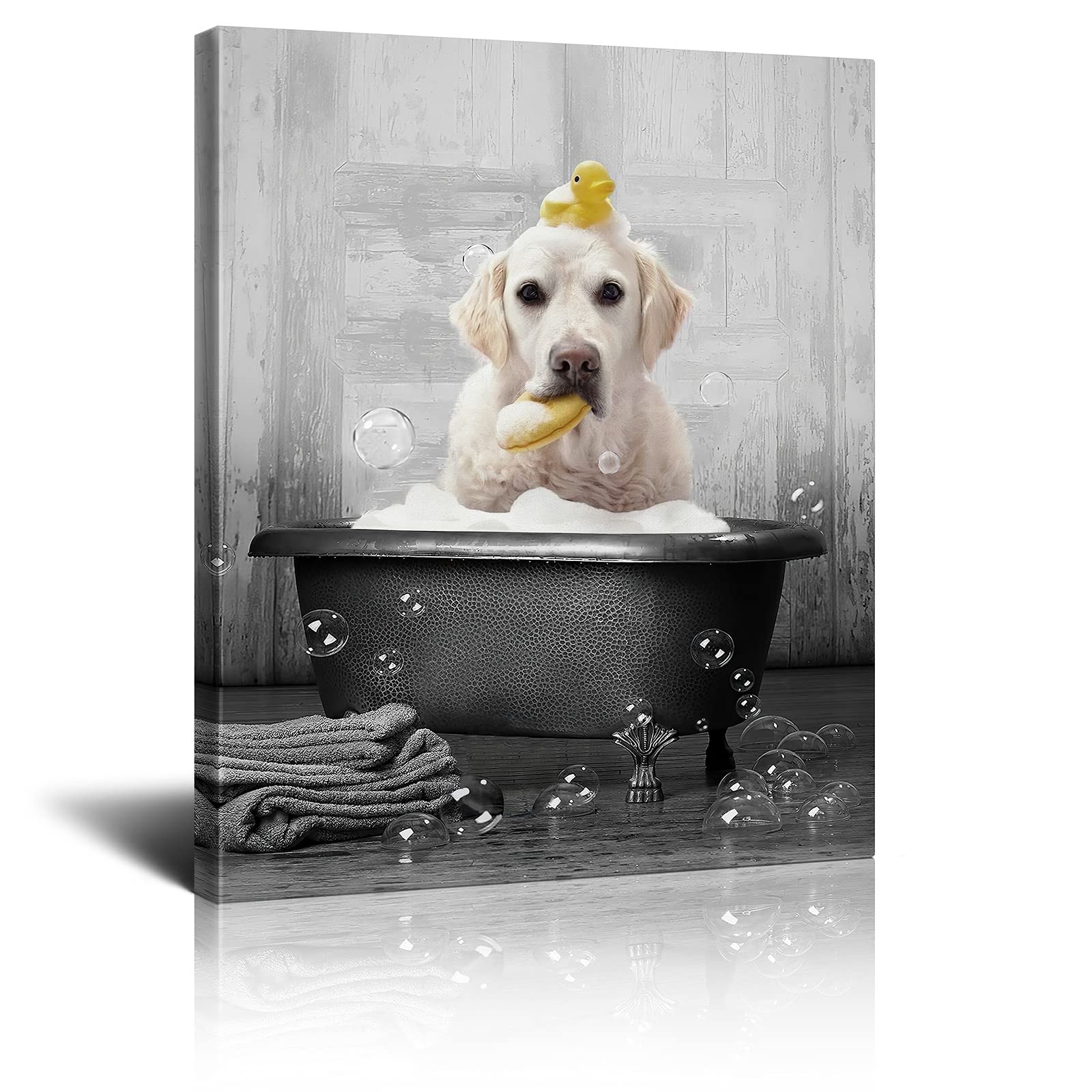 Dog In Bathtub Canvas Wall Art Black And White Animals Bathroom Decor Print Painting Funny Bathtub Labrador Pictures Modern Home