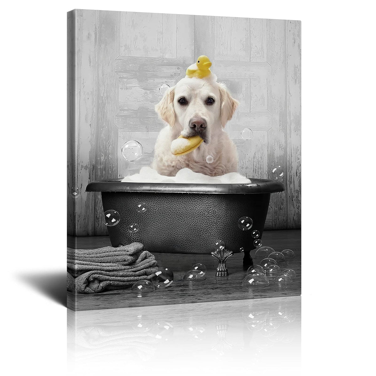 Dog In Bathtub Canvas Wall Art Black And White Animals Bathroom Decor Print Painting Funny Bathtub Labrador Pictures Modern Home