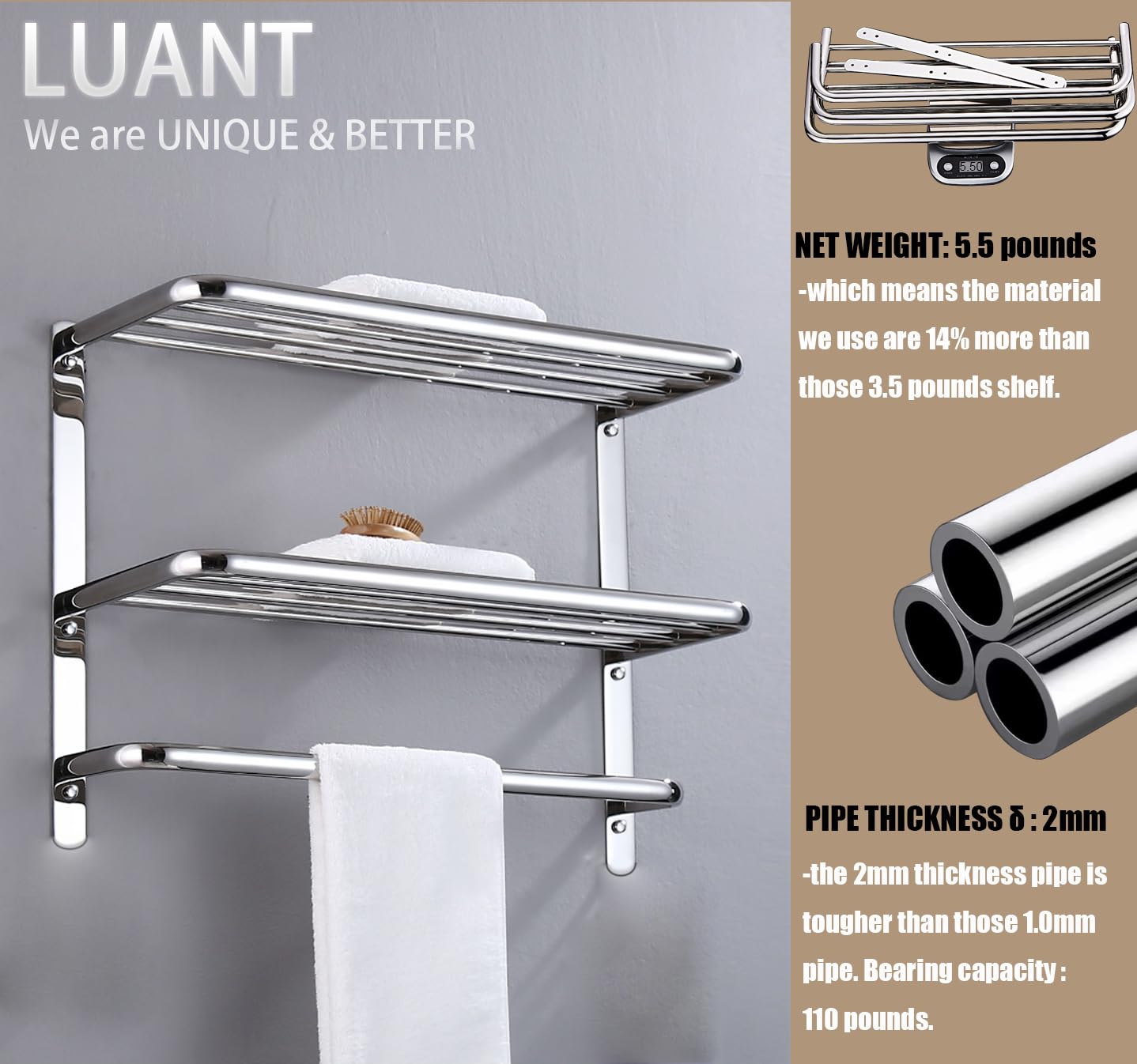 Luant 24 Inch Bathroom Shelf 3-Tier Wall Mounting Rack With Towel Bars