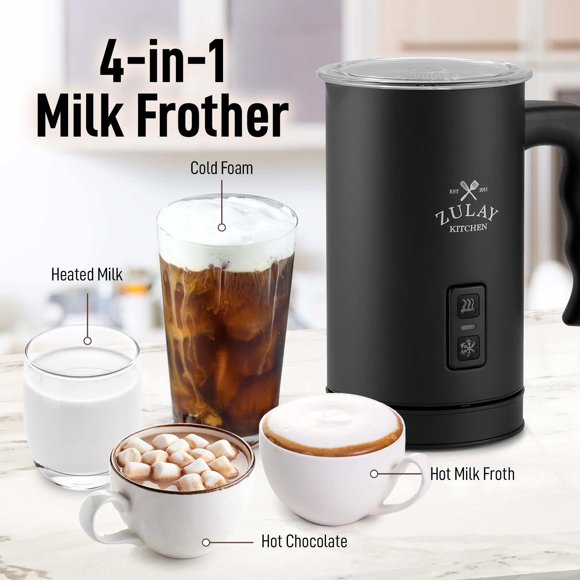 Zulay 4-In-1 Milk Frother And Steamer - Automatic Hot And Cold Foam Maker With Auto Shut Off & Temperature Control For Coffee, L