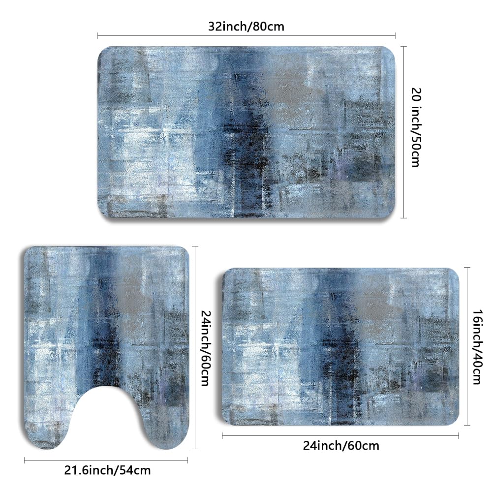 Muginyu Blue Bathroom Rug Set 3 Piece,Navy Blue Bathroom Rugs For Bathroom Decor Grey Ombre Abstract Aesthetic Farmhouse Thin Ru