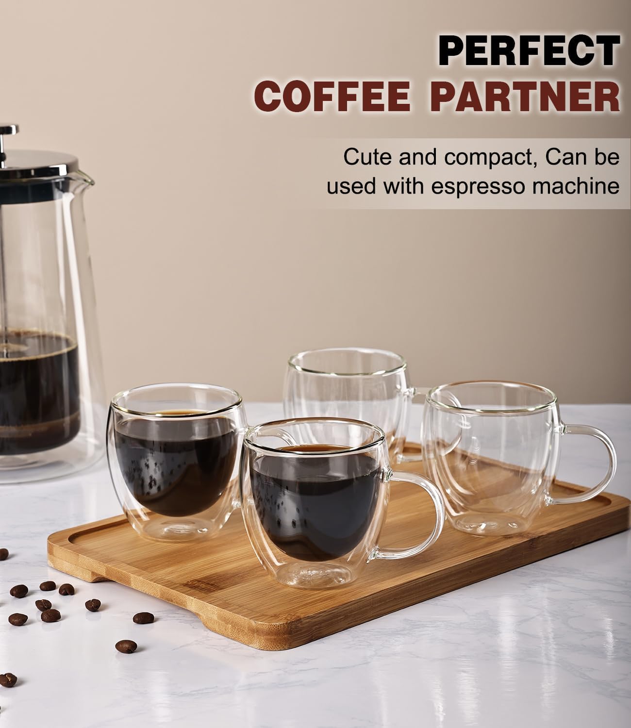 Oja 6 Oz Espresso Cups Set Of 4, Double Wall Glass Mugs With Handle Perfect For Cappuccino, Latte, Tea, Clear Glass Espresso Sho