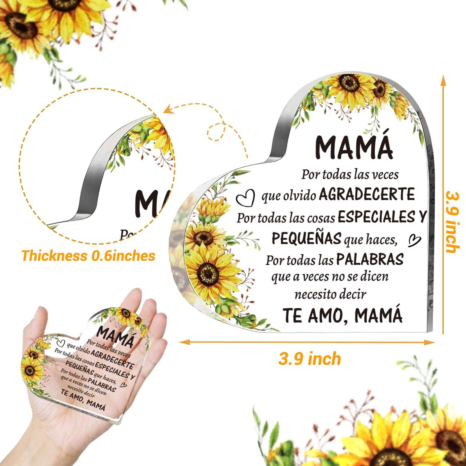 SUEHHYY Birthday Gifts for Mom in Spanish, Regalos para Mam   Cumpleaos, Acrylic Heart Sign Paperweight Presents, Christmas Moth
