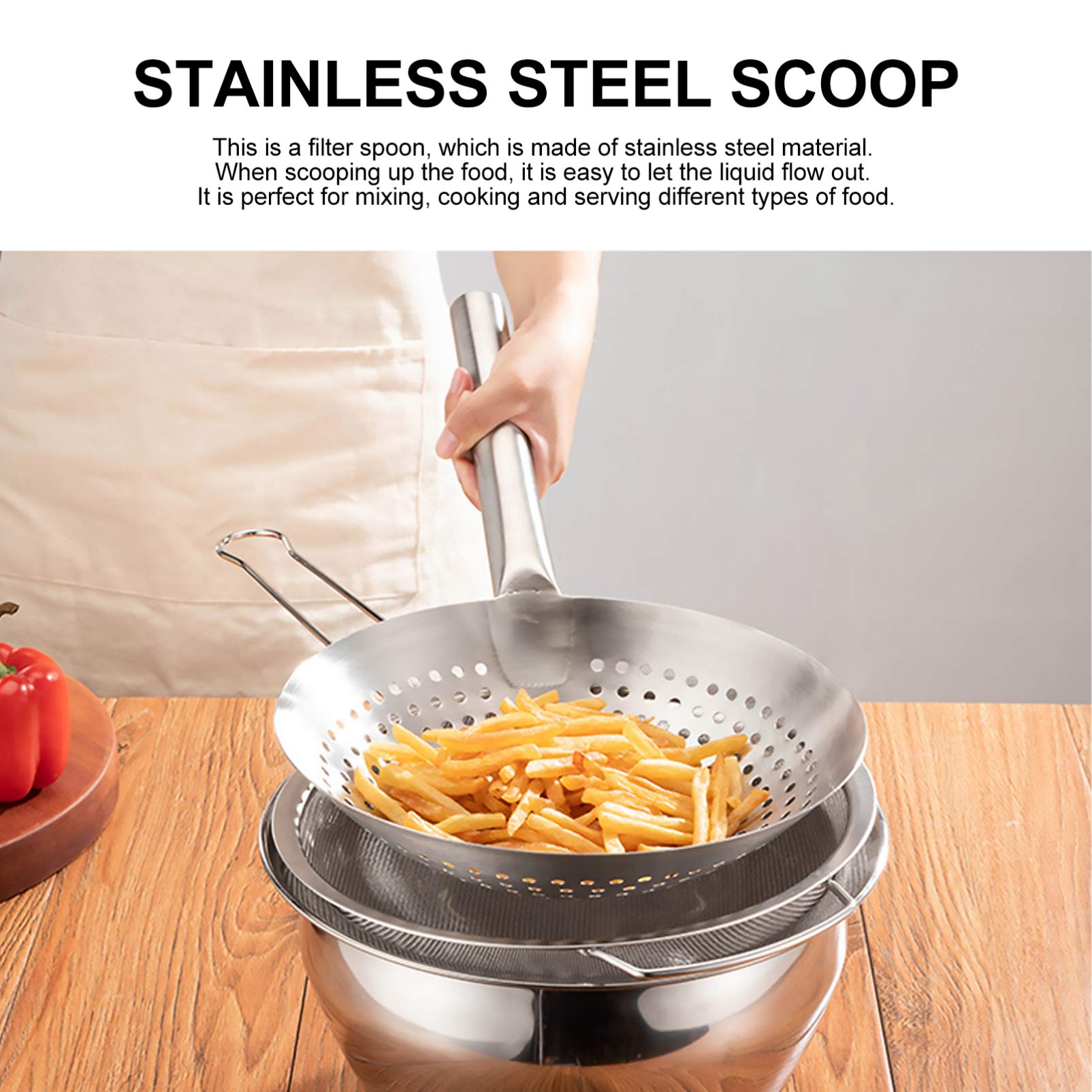 Yardwe Stainless Steel Skimmer Spoon Slotted Strainer Ladle Fine Mesh Wire Oil Filter Mandarin Colander Scoop For Kitchen Cookin
