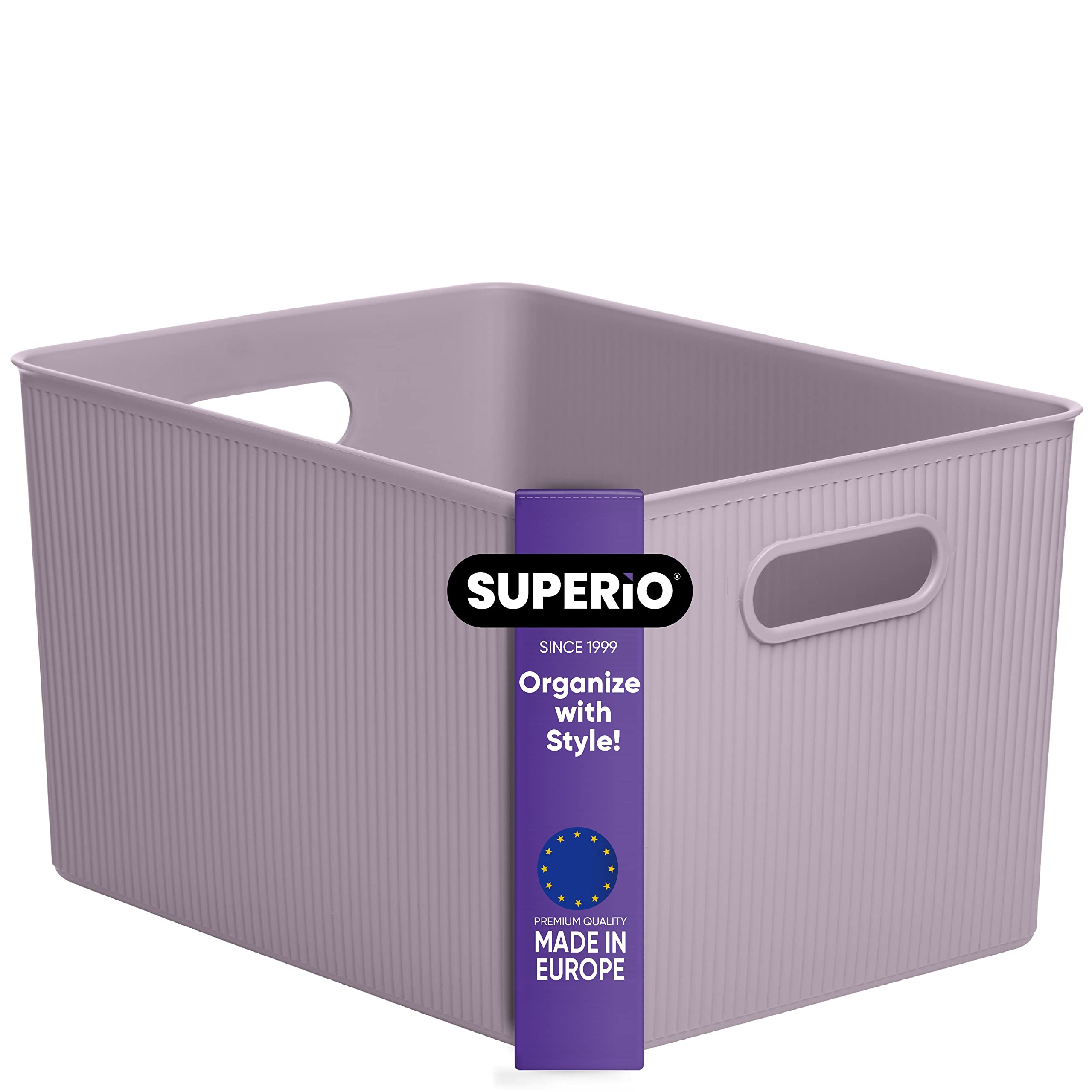 Superio Ribbed Collection - Decorative Plastic Open Home Storage Bins Organizer Baskets, X-Large Lilac Purple (1 Pack) Container