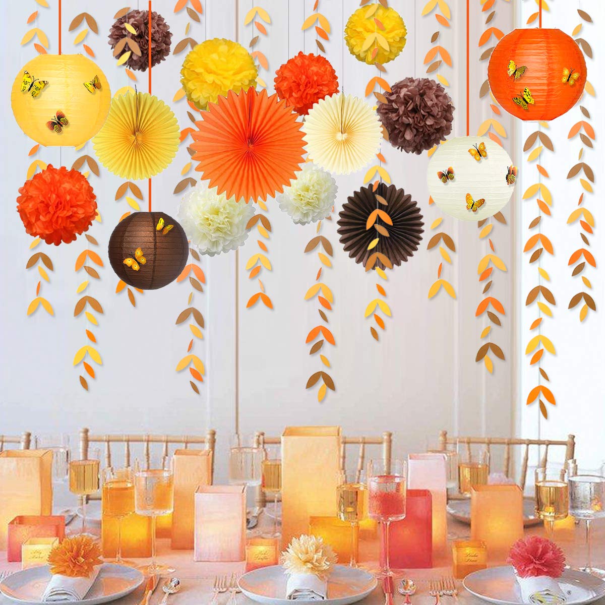 Fall Party Decorations Kit Yellow Orange Brown Paper Hanging Fans Lantern Flowers Pom Pom with 3D Butterfly Autumn Leaves Garlan
