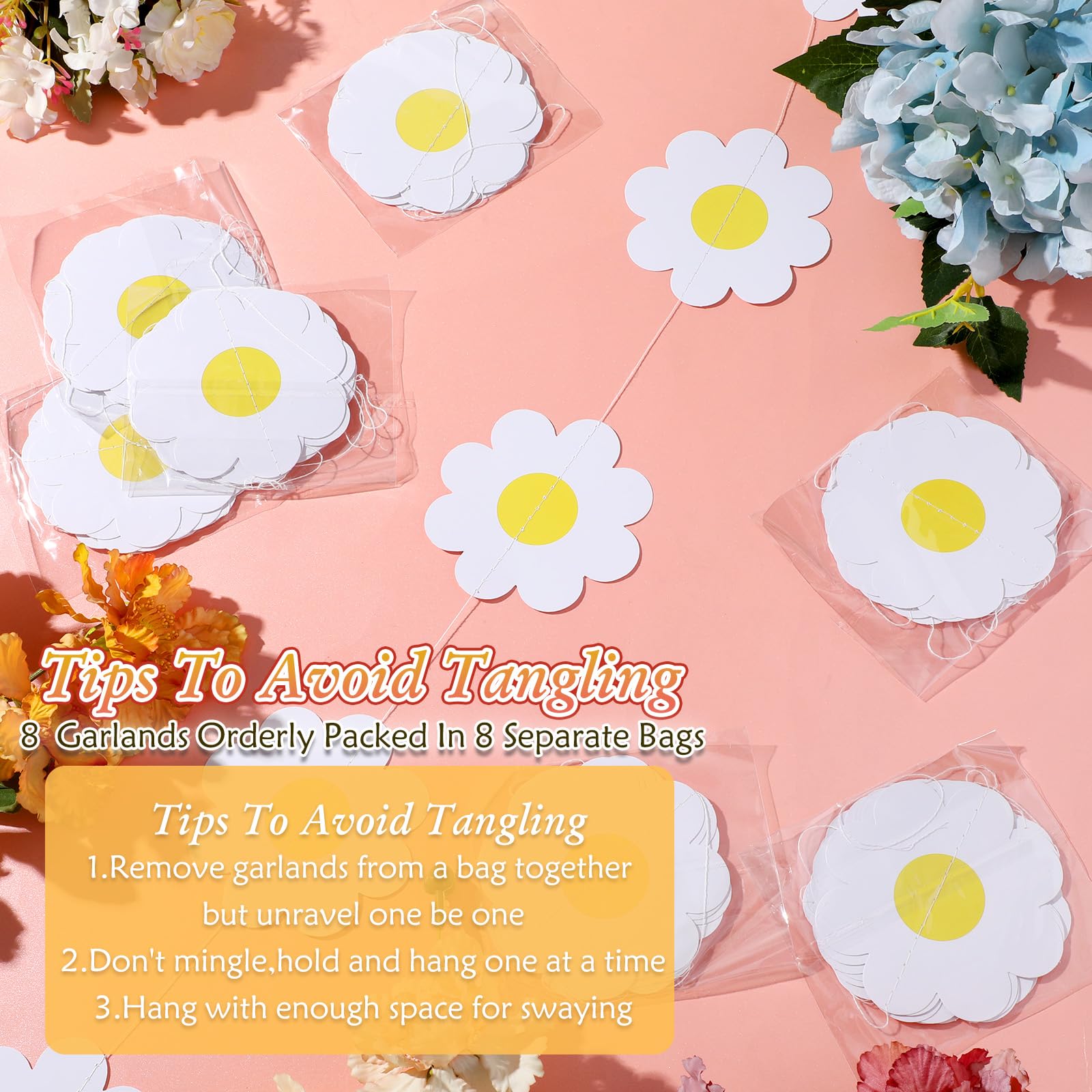 Pasimy 8 Pcs Daisy Boho Party Decorations Groovy Daisy Paper Garlands White Flower Hanging Garland Banner Hippie Flower Cutouts
