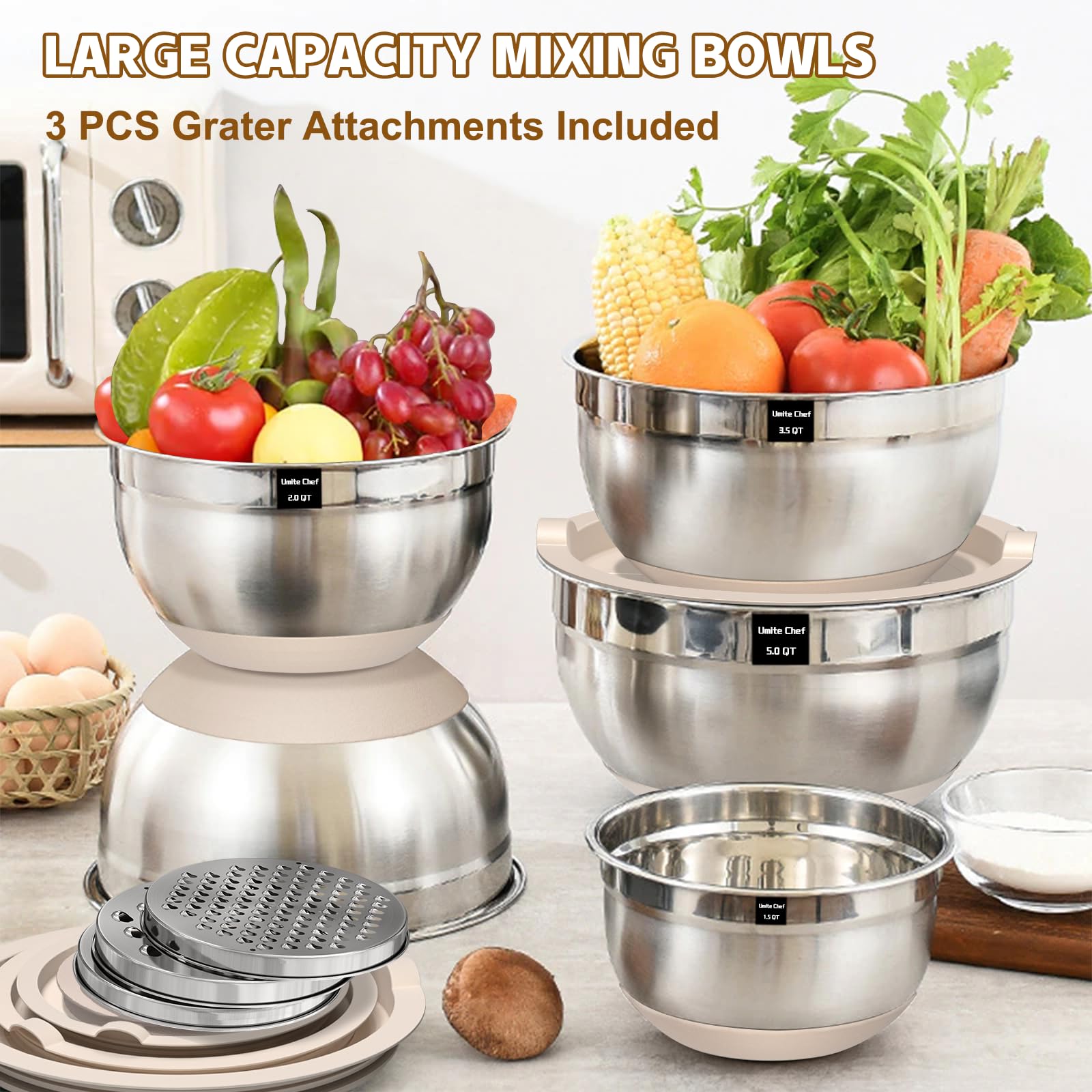 Umite Chef Stainless Steel Mixing Bowls Set - 8PCS Khaki with Airtight Lids, Non-Slip Bottoms, Sizes 5QT to 1.5QT