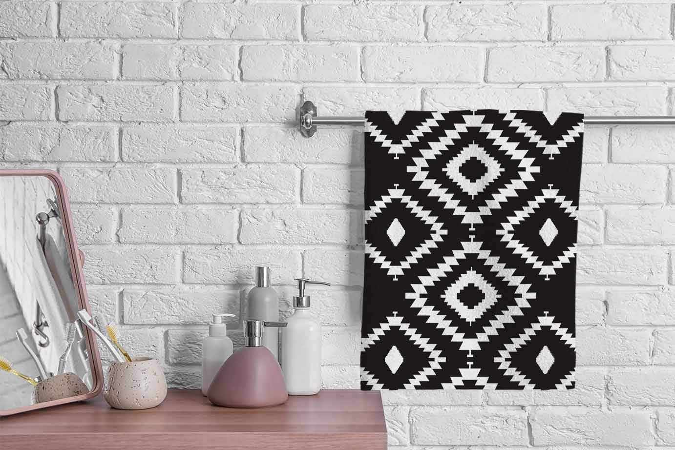 Ofloral Hand Towels Cotton Washcloths Black White Repeating Geometric Tiles With Dotted Rhombus Comfortable Super-Absorbent Soft