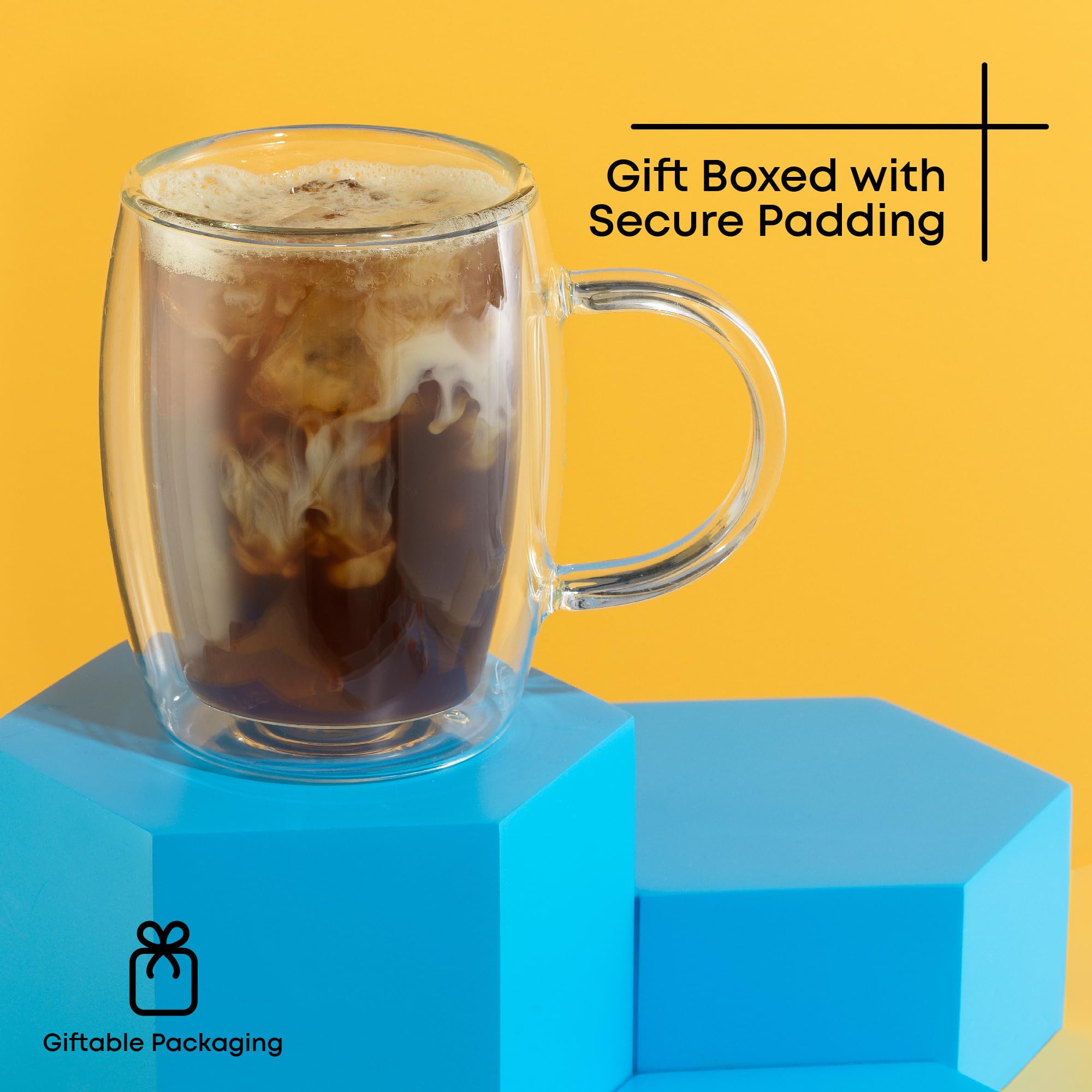 JoyJolt Double Wall Glasses - Insulated Coffee/Tea Mugs, 13.5 oz, Set of 2, Glass, Model JG10207