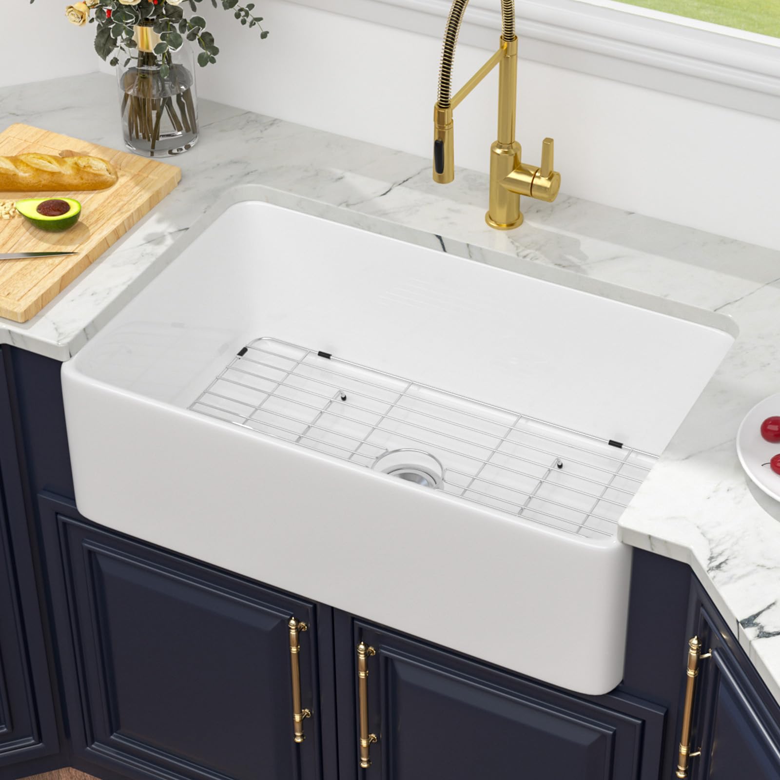 White Farmhouse Sink 33 Inch - Kichae Farm Sink 33x20 Inch Flat White Apron Front Ceramic Porcelain Fireclay Single Bowl Farmer 