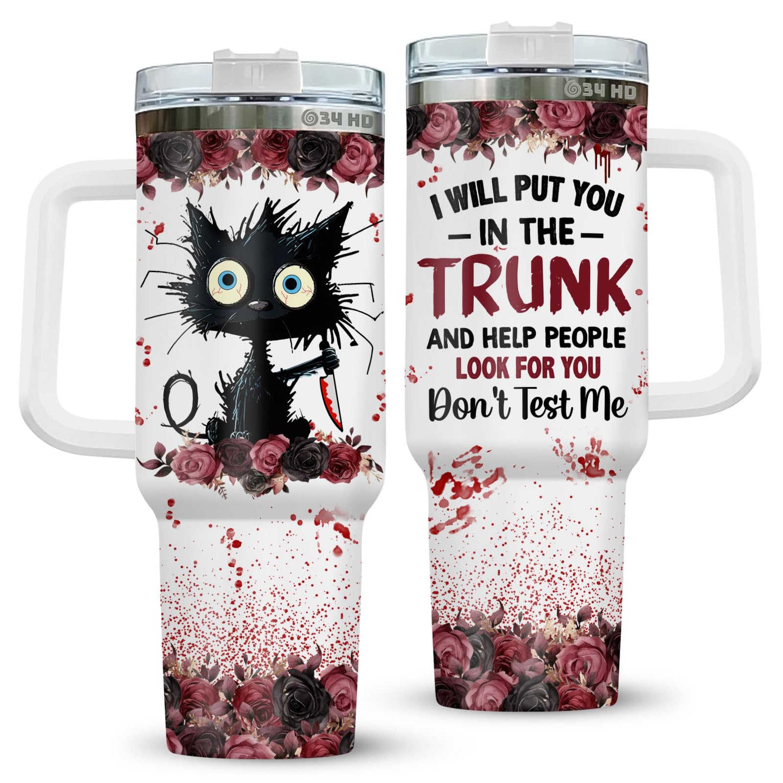 34Hd Gifts For Halloween, Crazy Cat Tumbler With Handle And Straw 40 Oz Stainless Steel, I Will Put You Cat Mug, Horror Cup, Cat